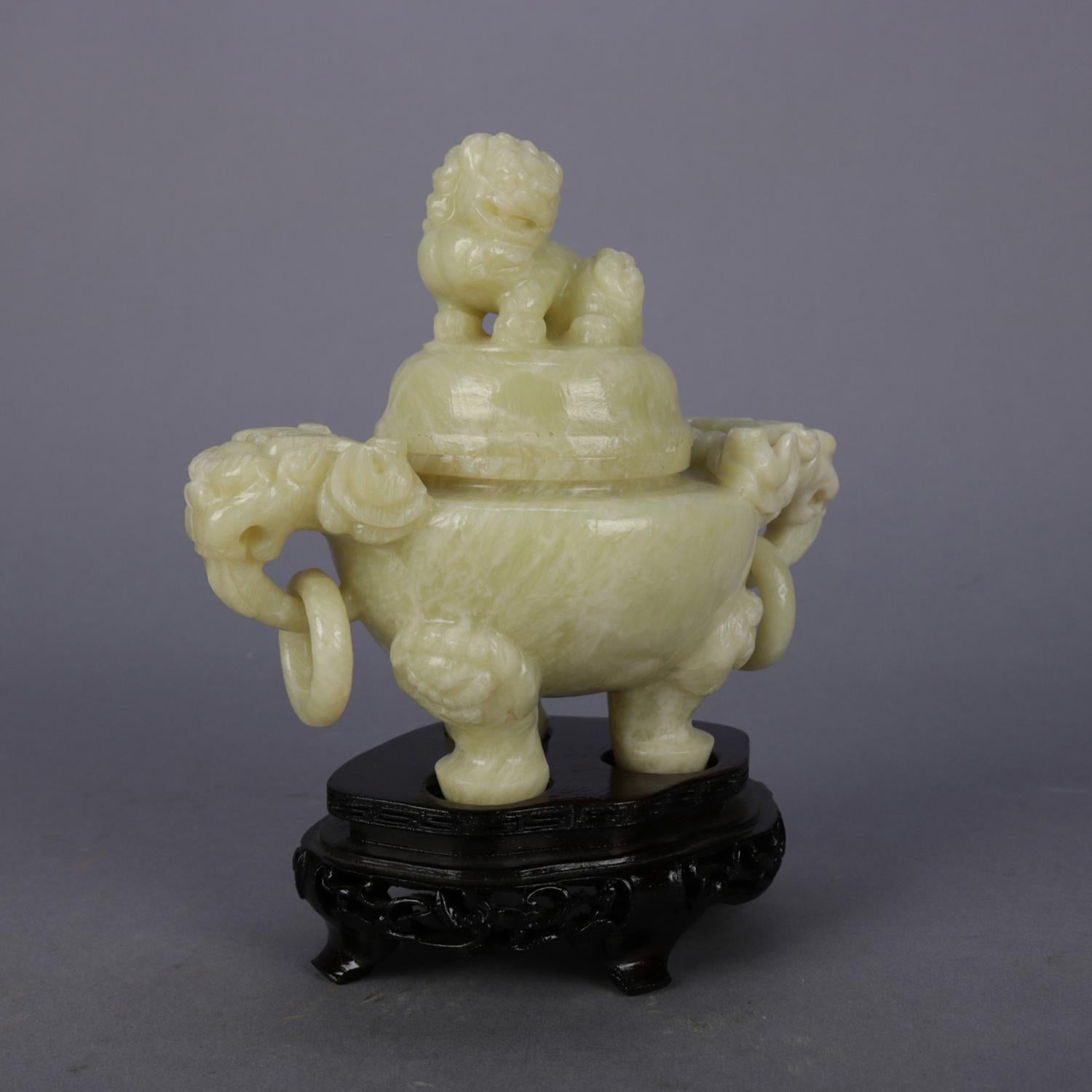 Chinese Figural Carved Soapstone Covered Censer with Foo Dog and Elephants 6
