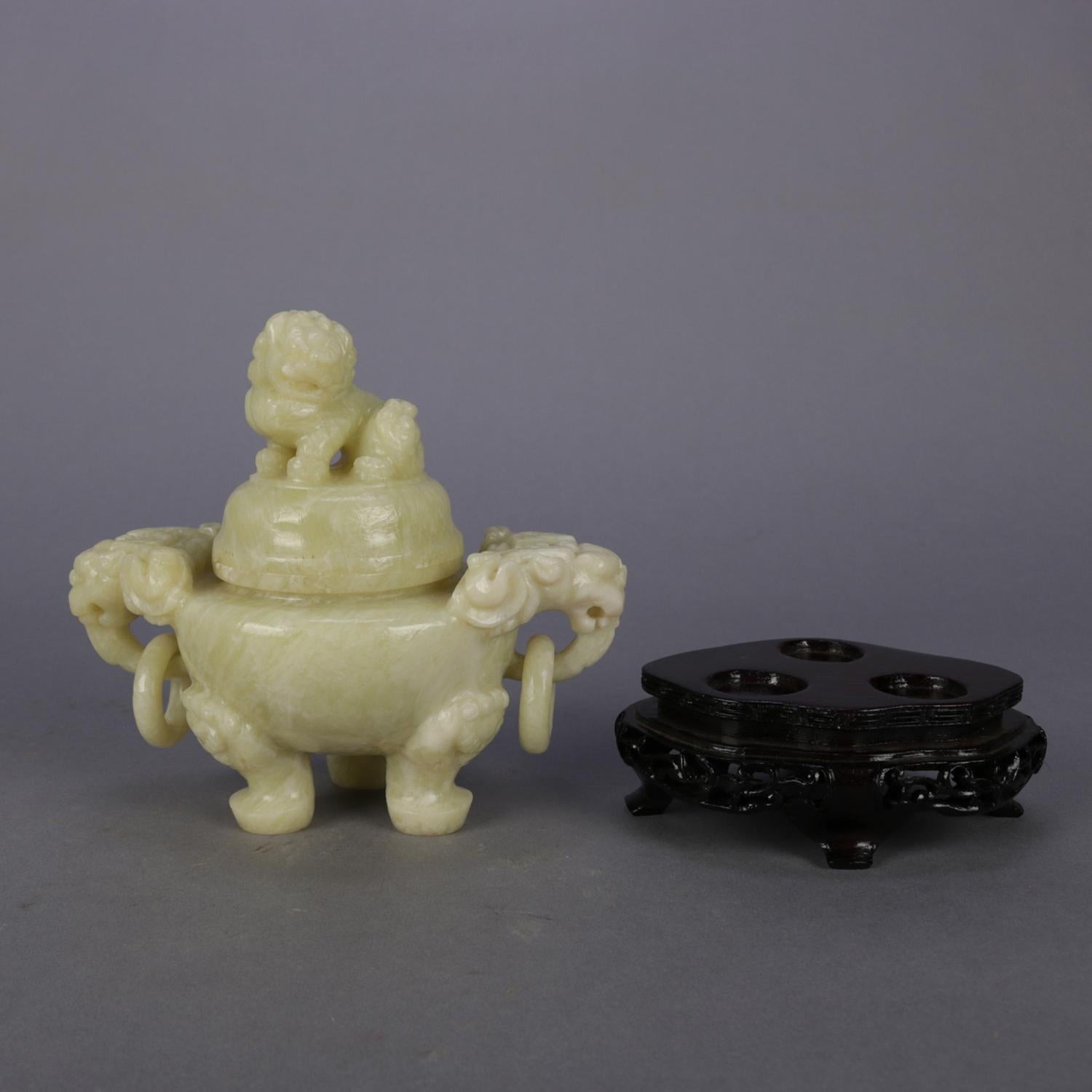 Chinese Figural Carved Soapstone Covered Censer with Foo Dog and Elephants 7