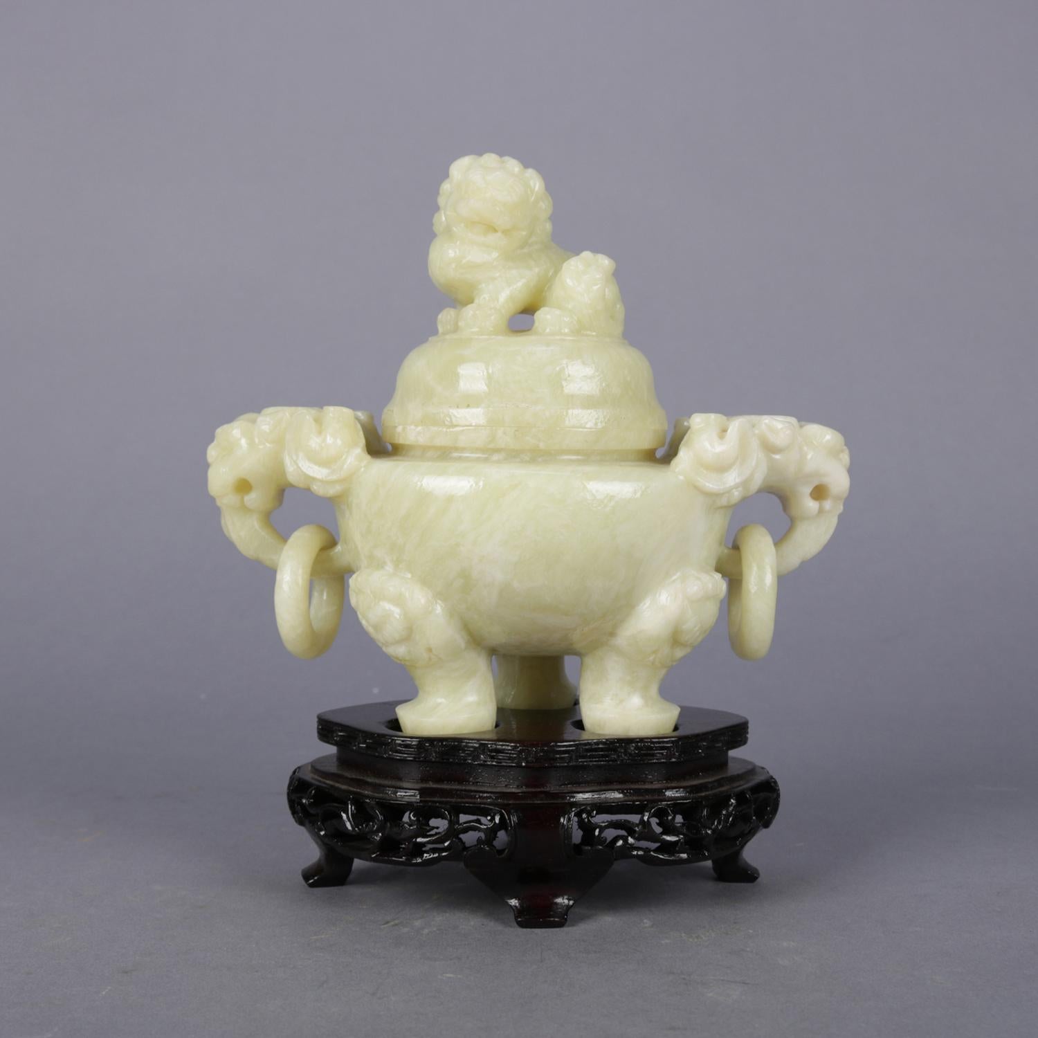 Chinese Figural Carved Soapstone Covered Censer with Foo Dog and Elephants In Good Condition In Big Flats, NY