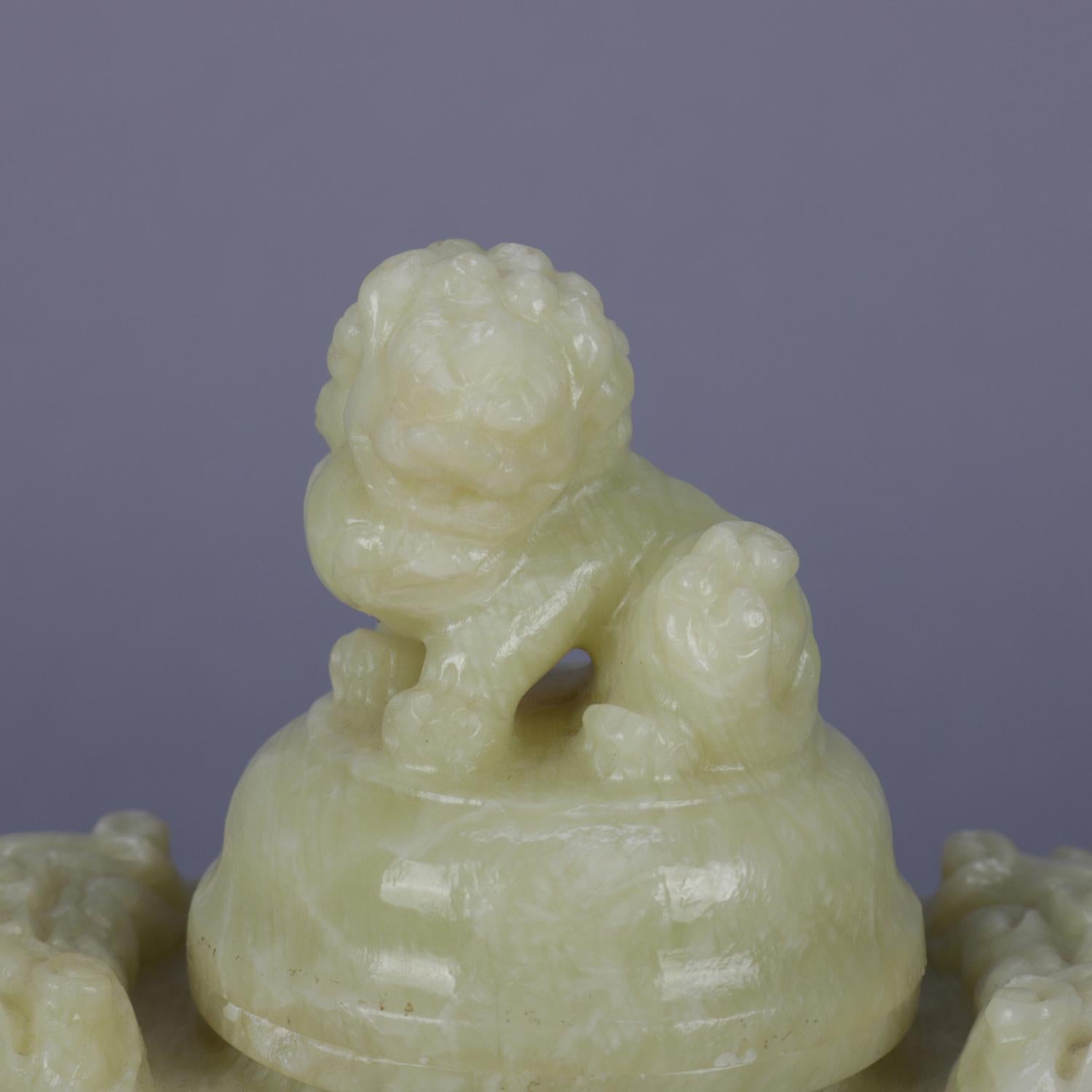 20th Century Chinese Figural Carved Soapstone Covered Censer with Foo Dog and Elephants