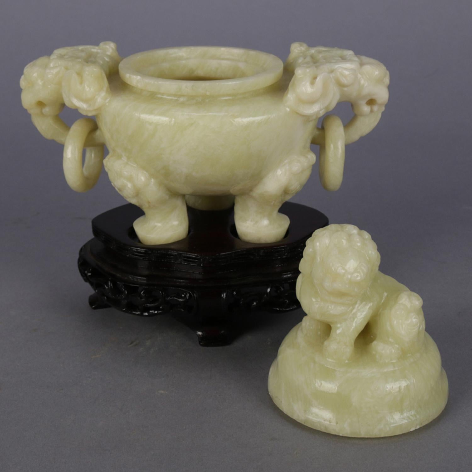 Chinese Figural Carved Soapstone Covered Censer with Foo Dog and Elephants 2