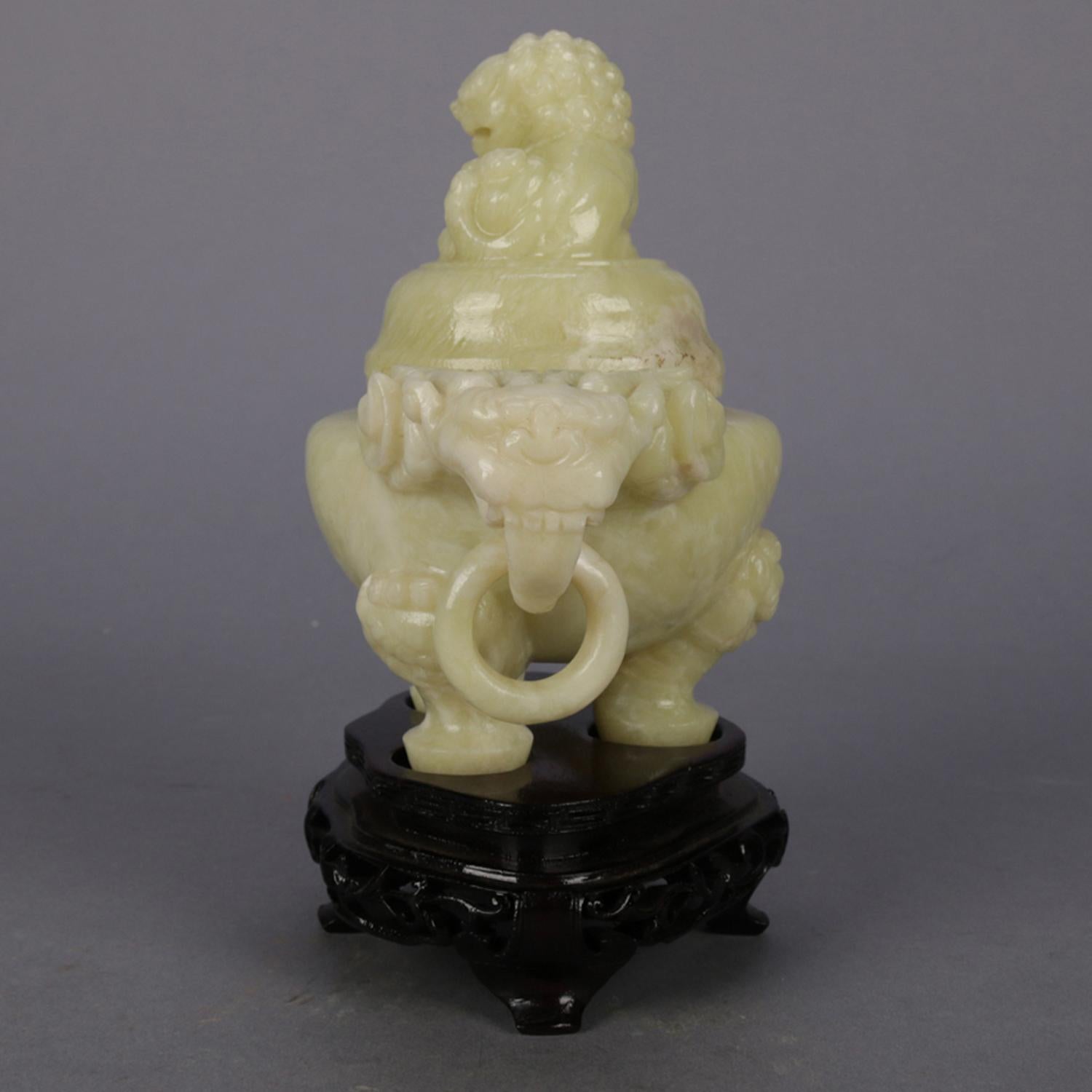 Chinese Figural Carved Soapstone Covered Censer with Foo Dog and Elephants 3