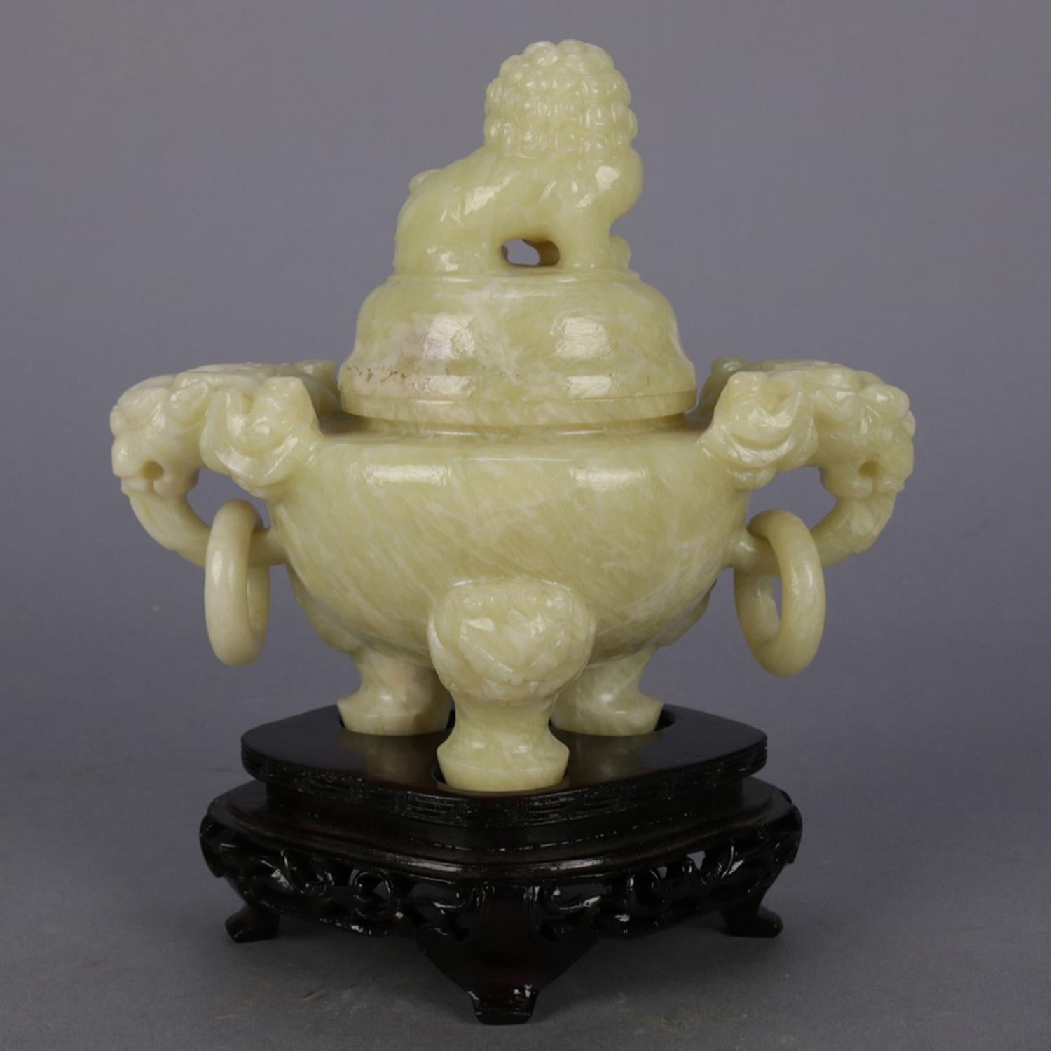 Chinese Figural Carved Soapstone Covered Censer with Foo Dog and Elephants 4