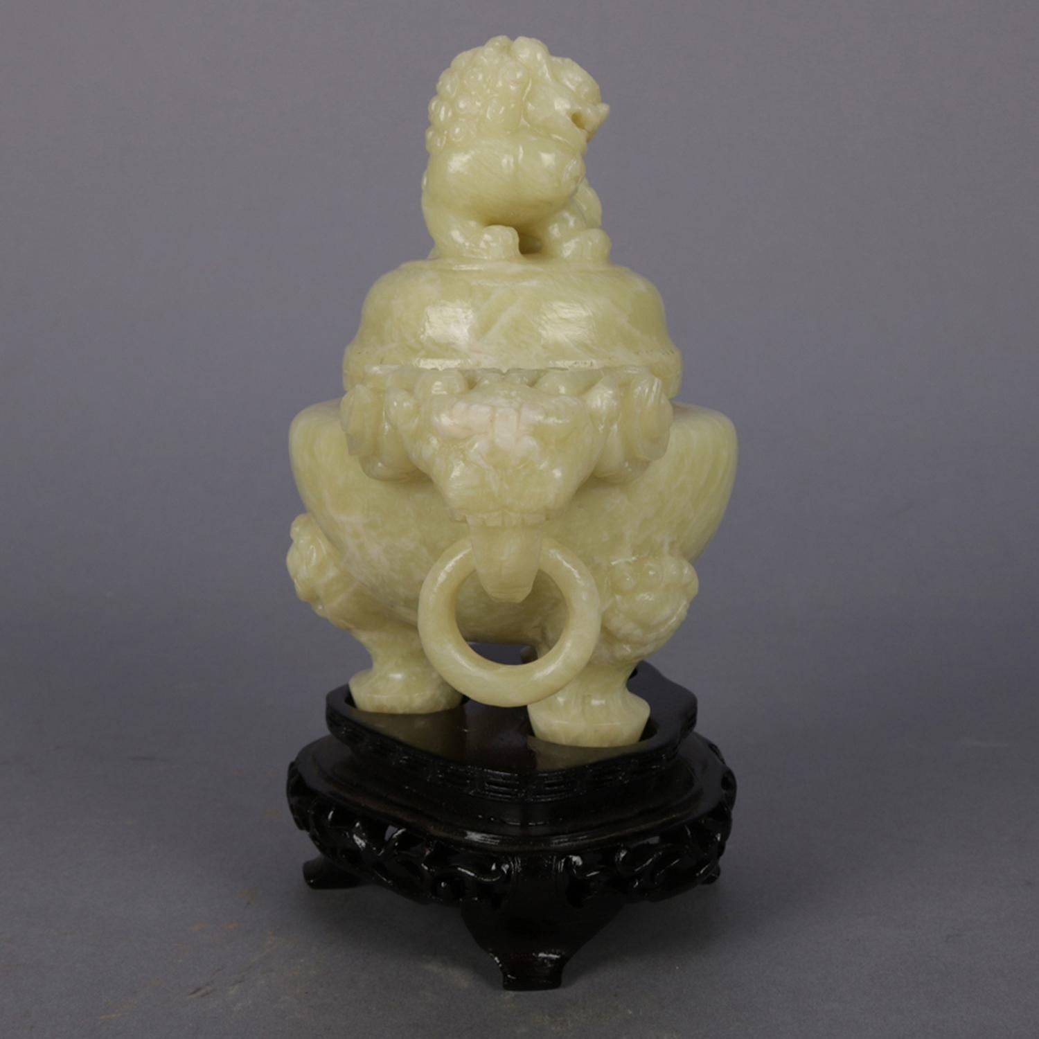 Chinese Figural Carved Soapstone Covered Censer with Foo Dog and Elephants 5