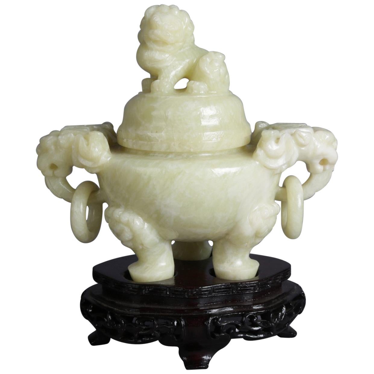 Chinese Figural Carved Soapstone Covered Censer with Foo Dog and Elephants