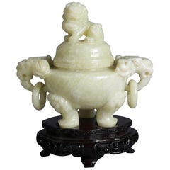 Vintage Chinese Figural Carved Soapstone Covered Censer with Foo Dog and Elephants