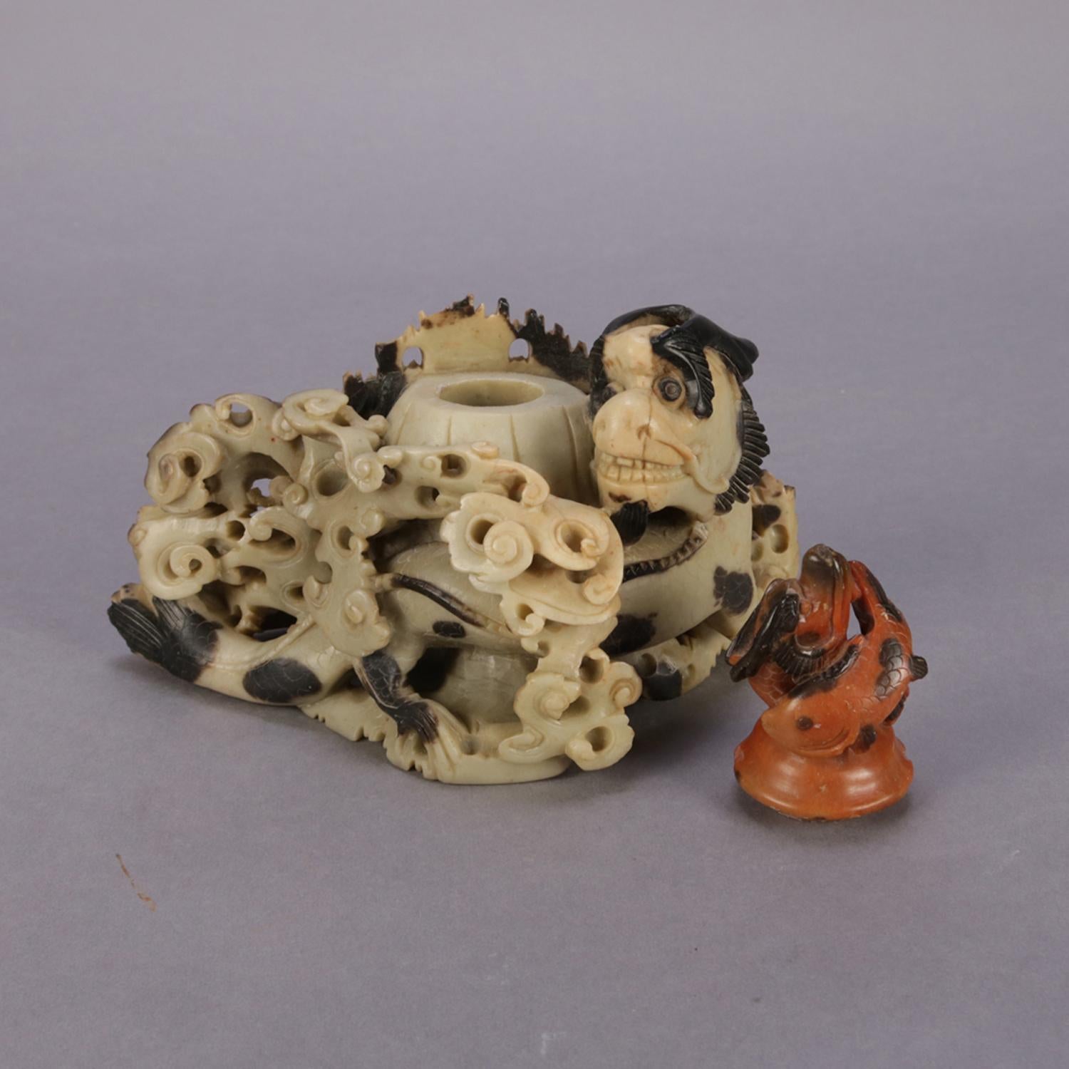 Hand-Carved Chinese Figural Carved Soapstone Sculptural Inkwell, Sea Dragon & Koi circa 1900