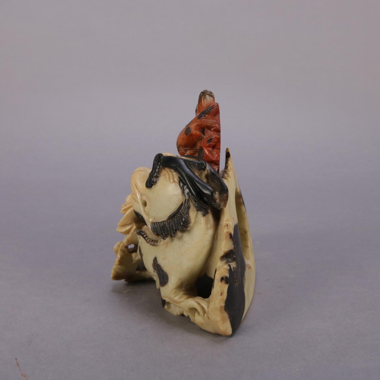 Chinese Figural Carved Soapstone Sculptural Inkwell, Sea Dragon & Koi circa 1900 In Good Condition In Big Flats, NY