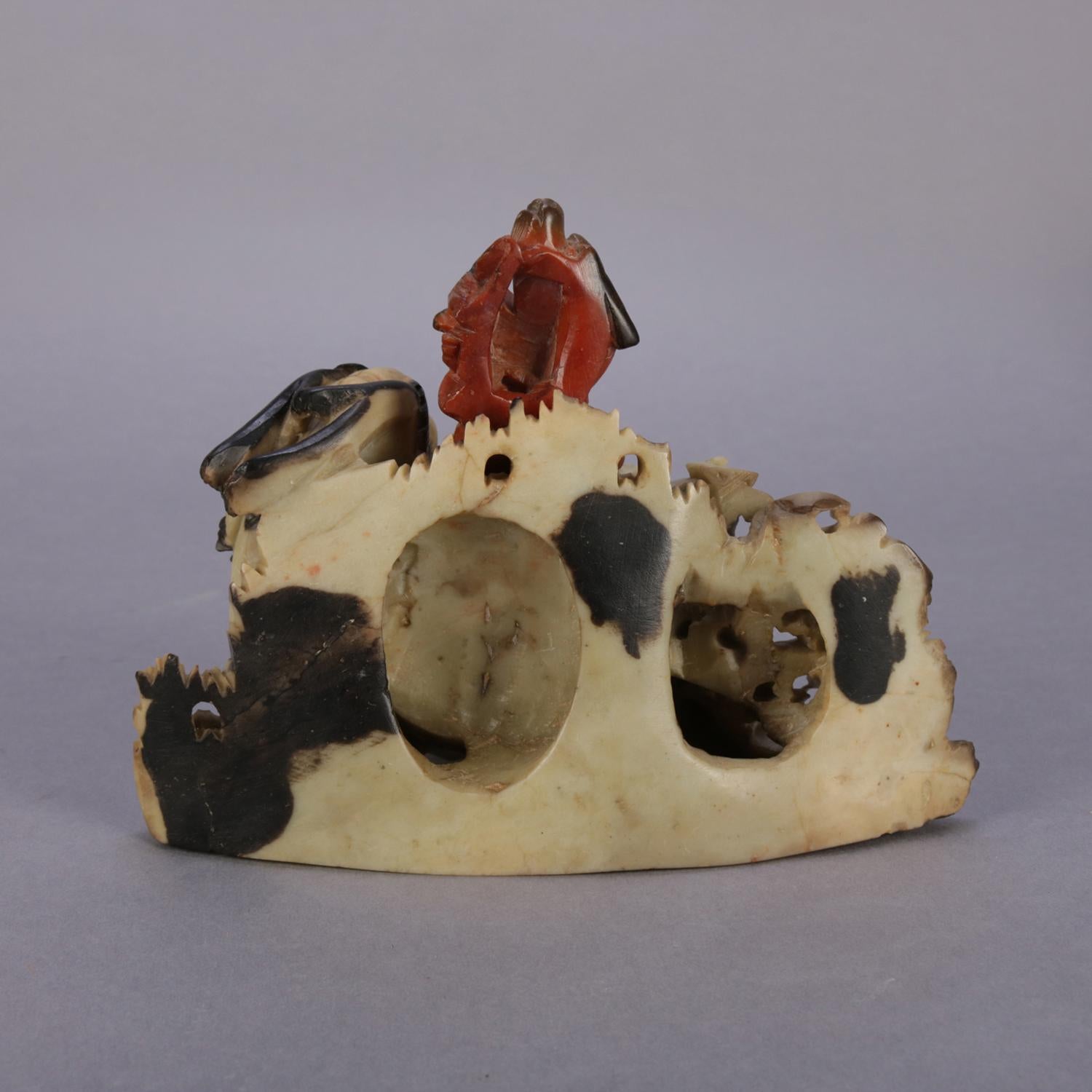 20th Century Chinese Figural Carved Soapstone Sculptural Inkwell, Sea Dragon & Koi circa 1900