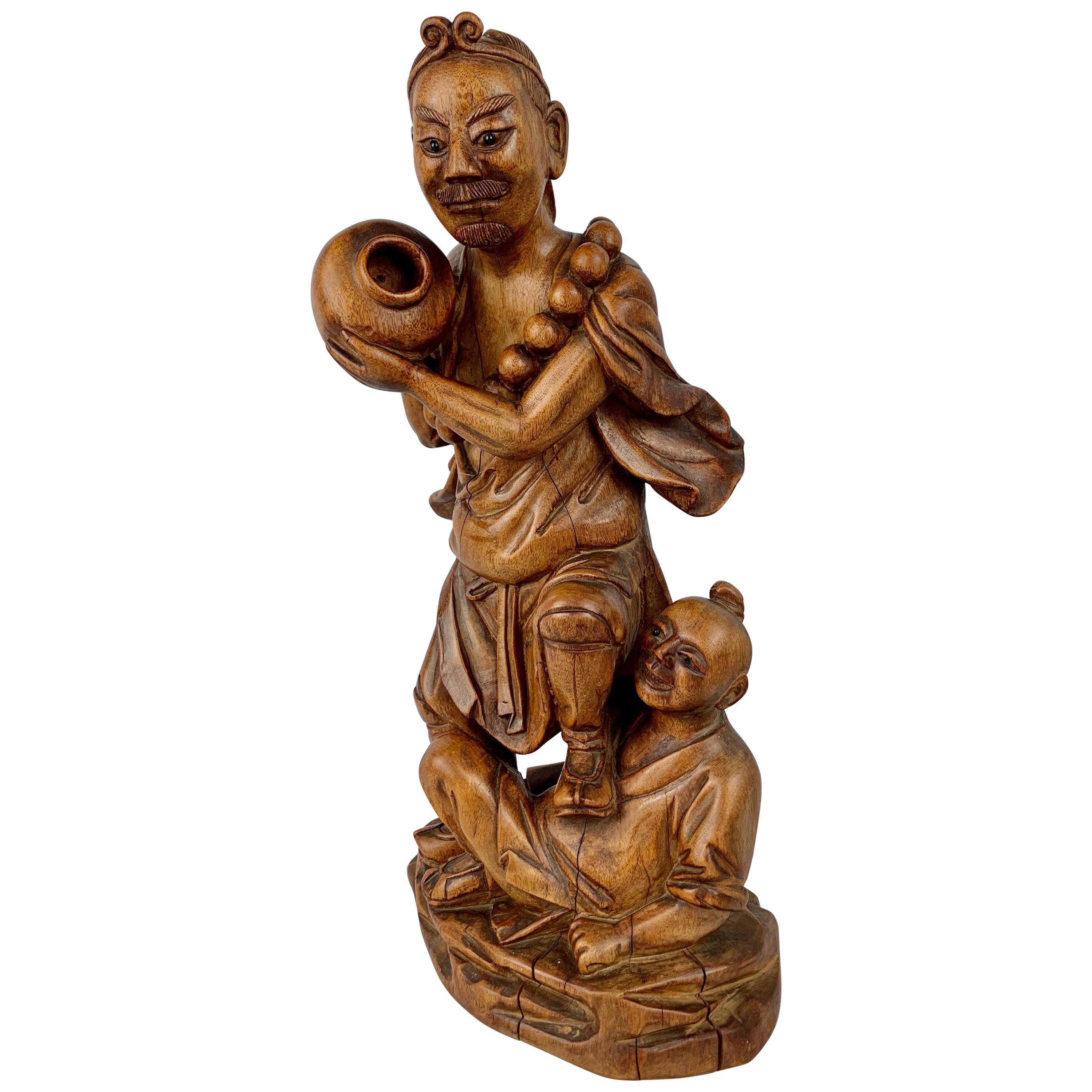 Hand Carved Teak Chinese Male Figure with Boy