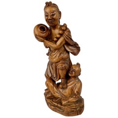 Hand Carved Teak Chinese Male Figure with Boy