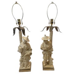 Chinese Figure Lamps with Palm Trees, A-Pair