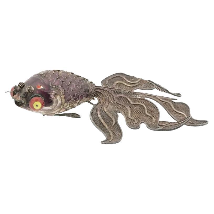 Chinese Filigree Silver And Enamel Purple Fish