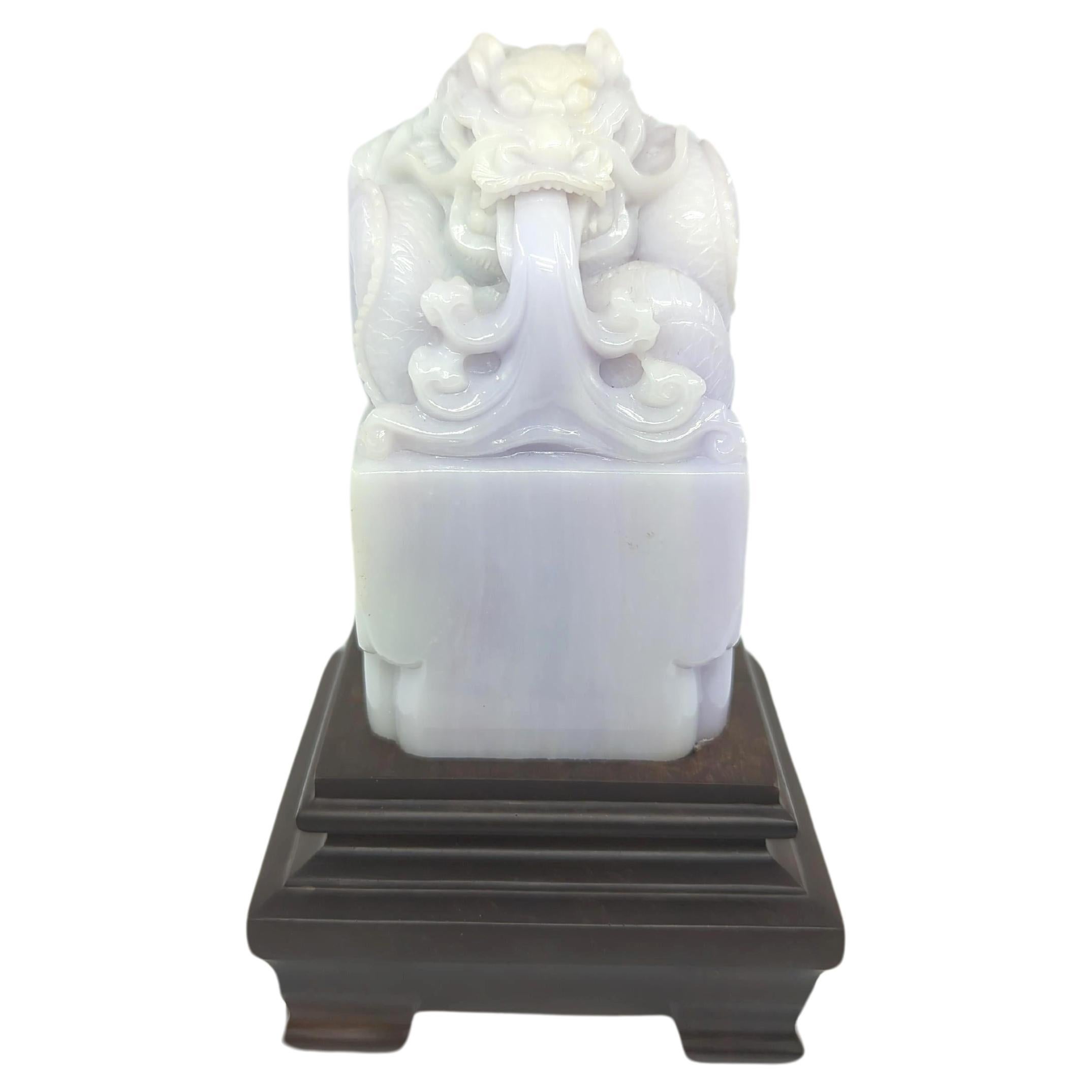 Chinese Finely Carved A-Grade Lavender Jadeite Dragon Seal on Stand Modern 20c  For Sale 5