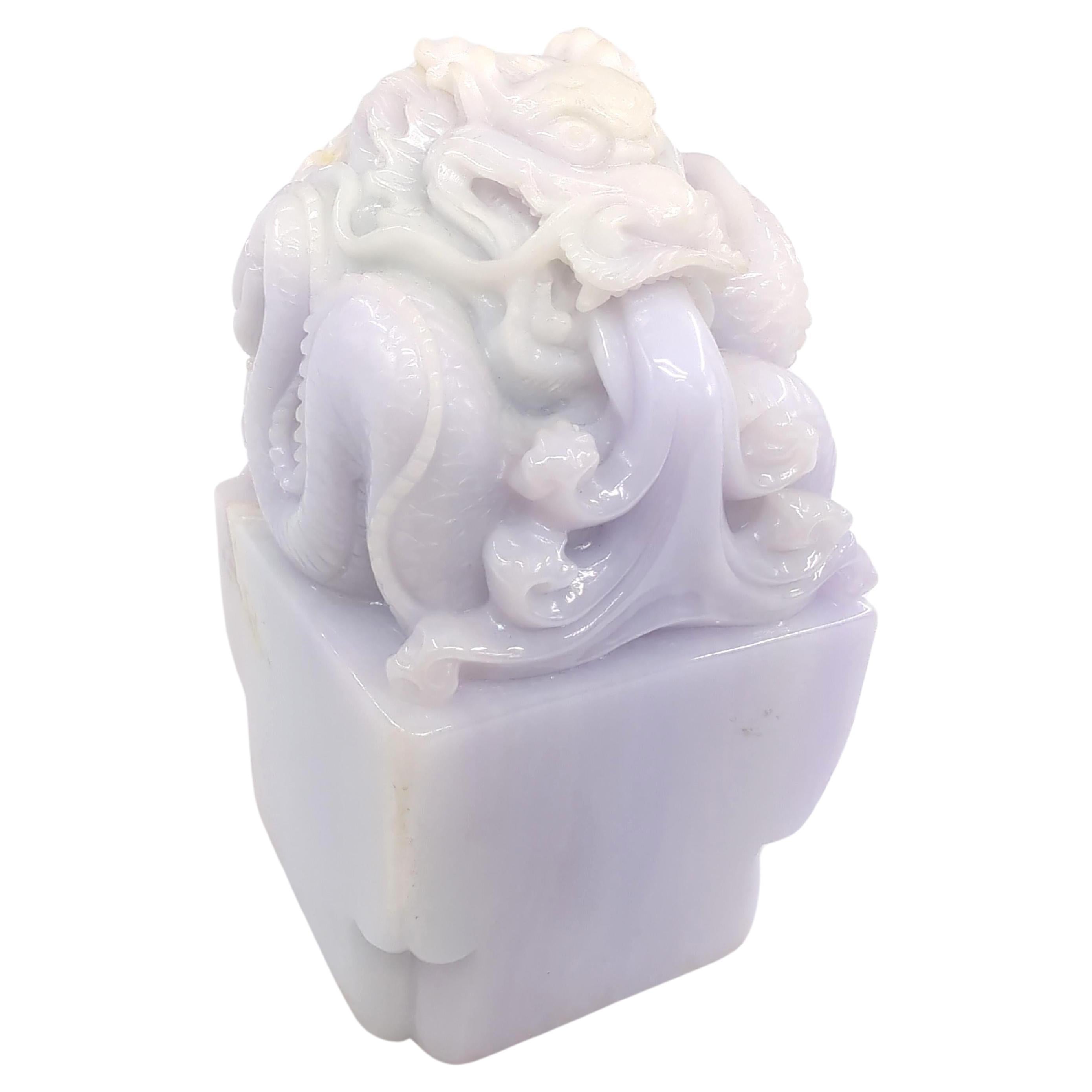Qing Chinese Finely Carved A-Grade Lavender Jadeite Dragon Seal on Stand Modern 20c  For Sale