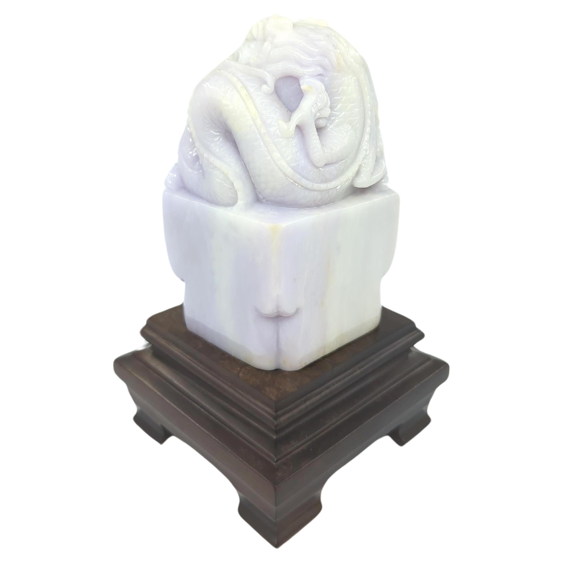 20th Century Chinese Finely Carved A-Grade Lavender Jadeite Dragon Seal on Stand Modern 20c  For Sale