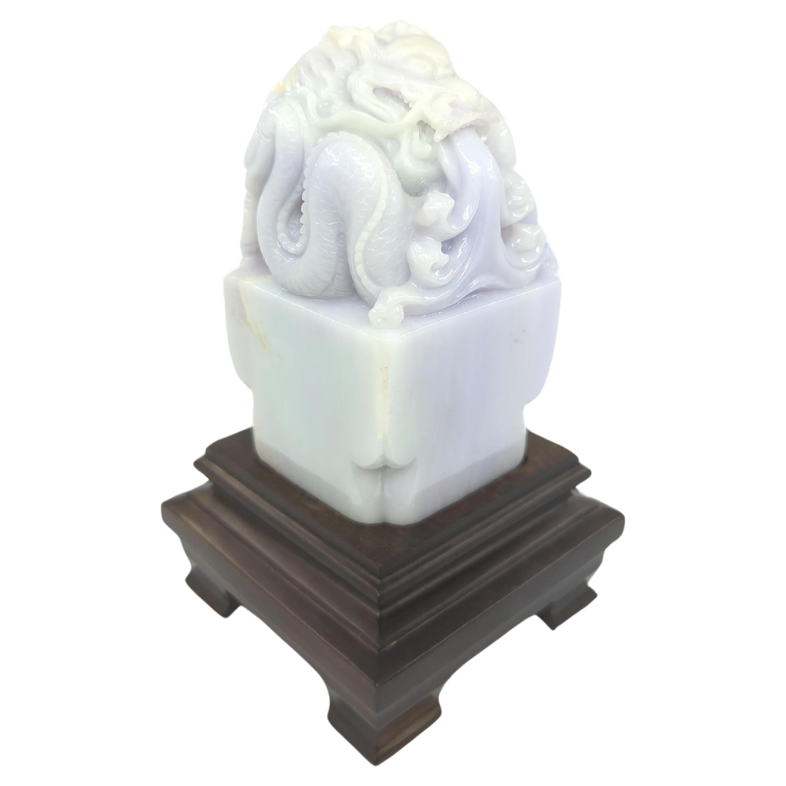 Chinese Finely Carved A-Grade Lavender Jadeite Dragon Seal on Stand Modern 20c  For Sale 1