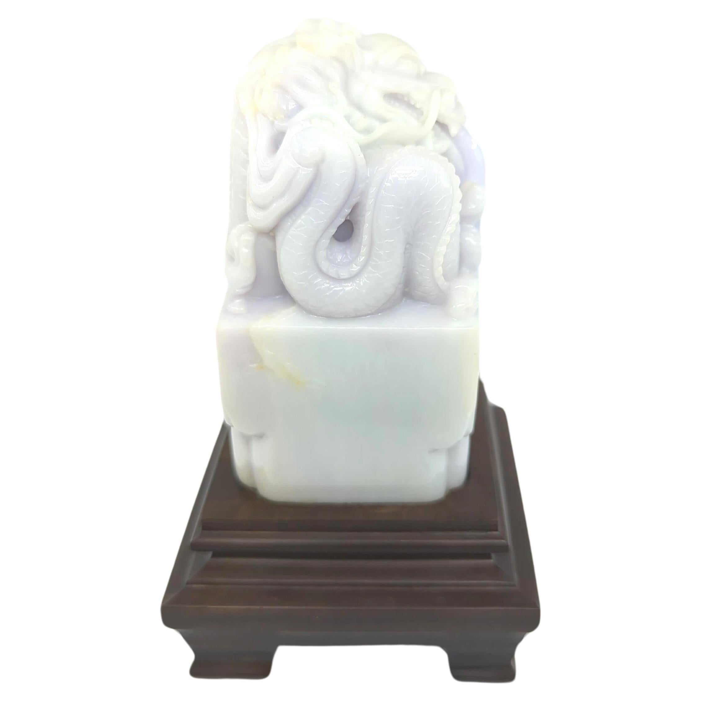 Chinese Finely Carved A-Grade Lavender Jadeite Dragon Seal on Stand Modern 20c  For Sale 2