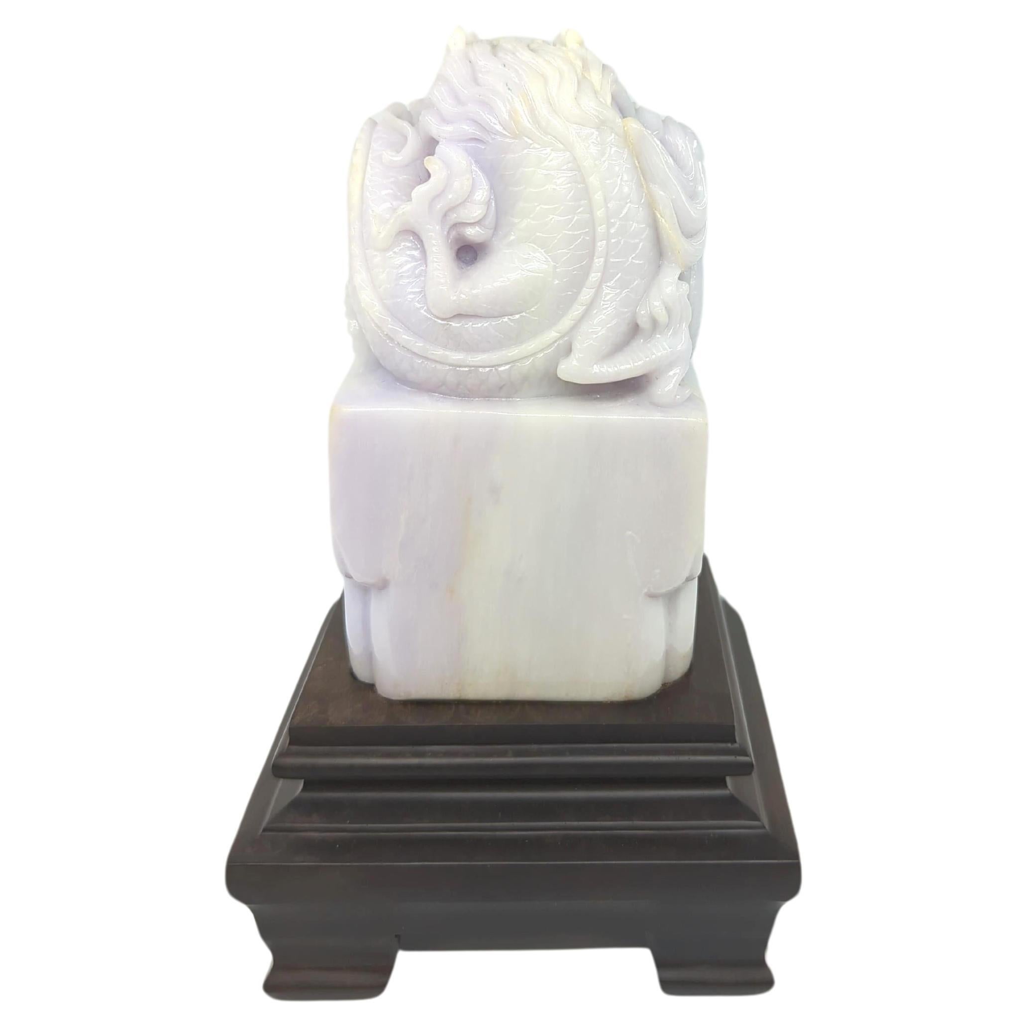 Chinese Finely Carved A-Grade Lavender Jadeite Dragon Seal on Stand Modern 20c  For Sale 3