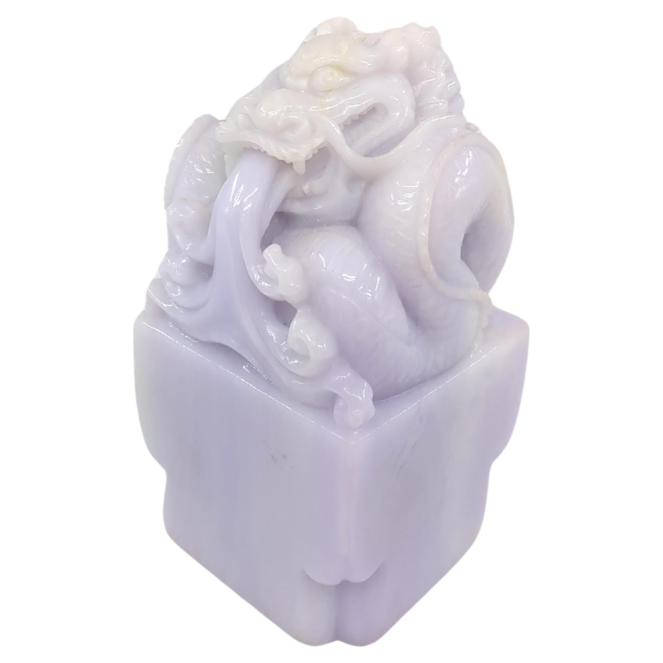 Chinese Finely Carved A-Grade Lavender Jadeite Dragon Seal on Stand Modern 20c  For Sale