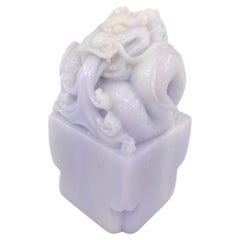 Antique Chinese Finely Carved A-Grade Lavender Jadeite Dragon Seal on Stand Modern 20c 