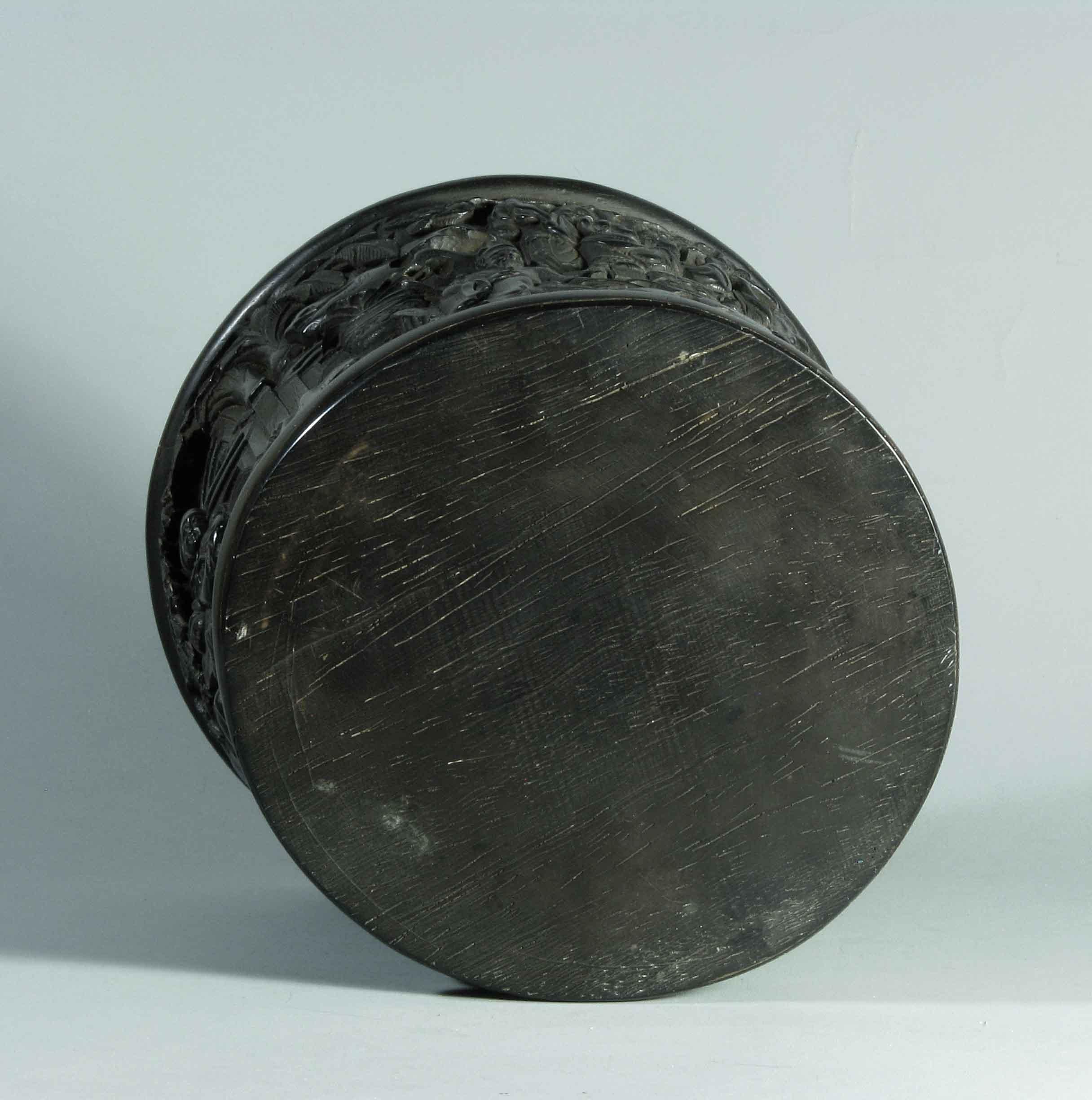 20th Century Chinese Finley Moulded Ebonized Plaster Brush Pot Bitong Imitating Carved Zitan For Sale