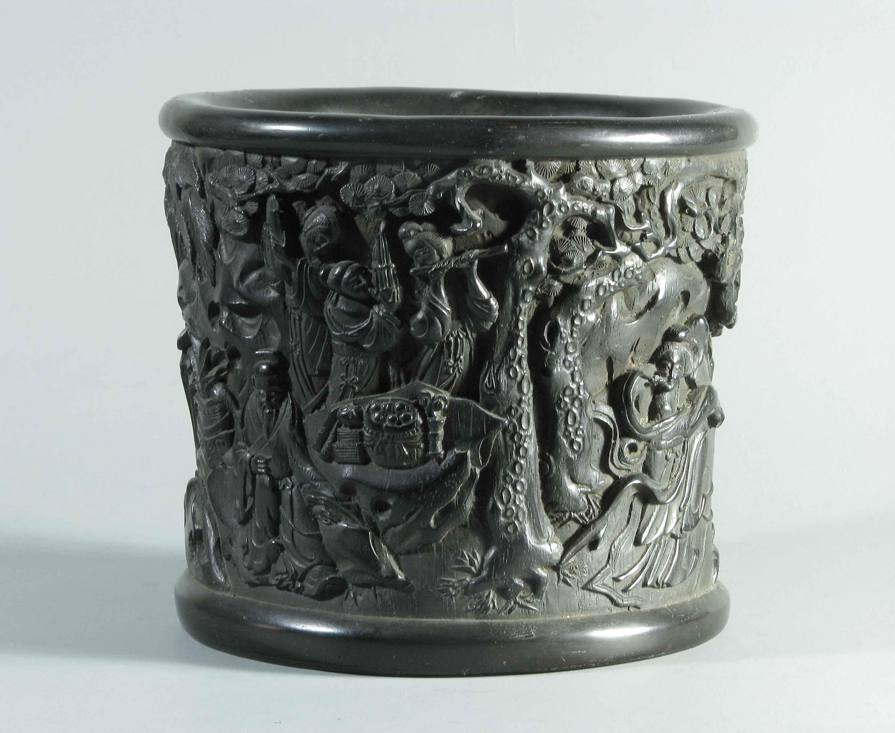 Chinese Finley Moulded Ebonized Plaster Brush Pot Bitong Imitating Carved Zitan For Sale 4