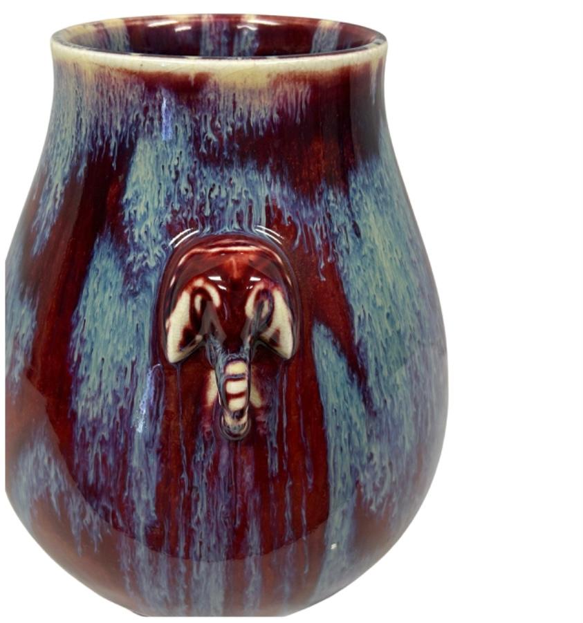 Chinese Export Chinese Flambè Glazed Hu Vase With Elephant Head Handles For Sale