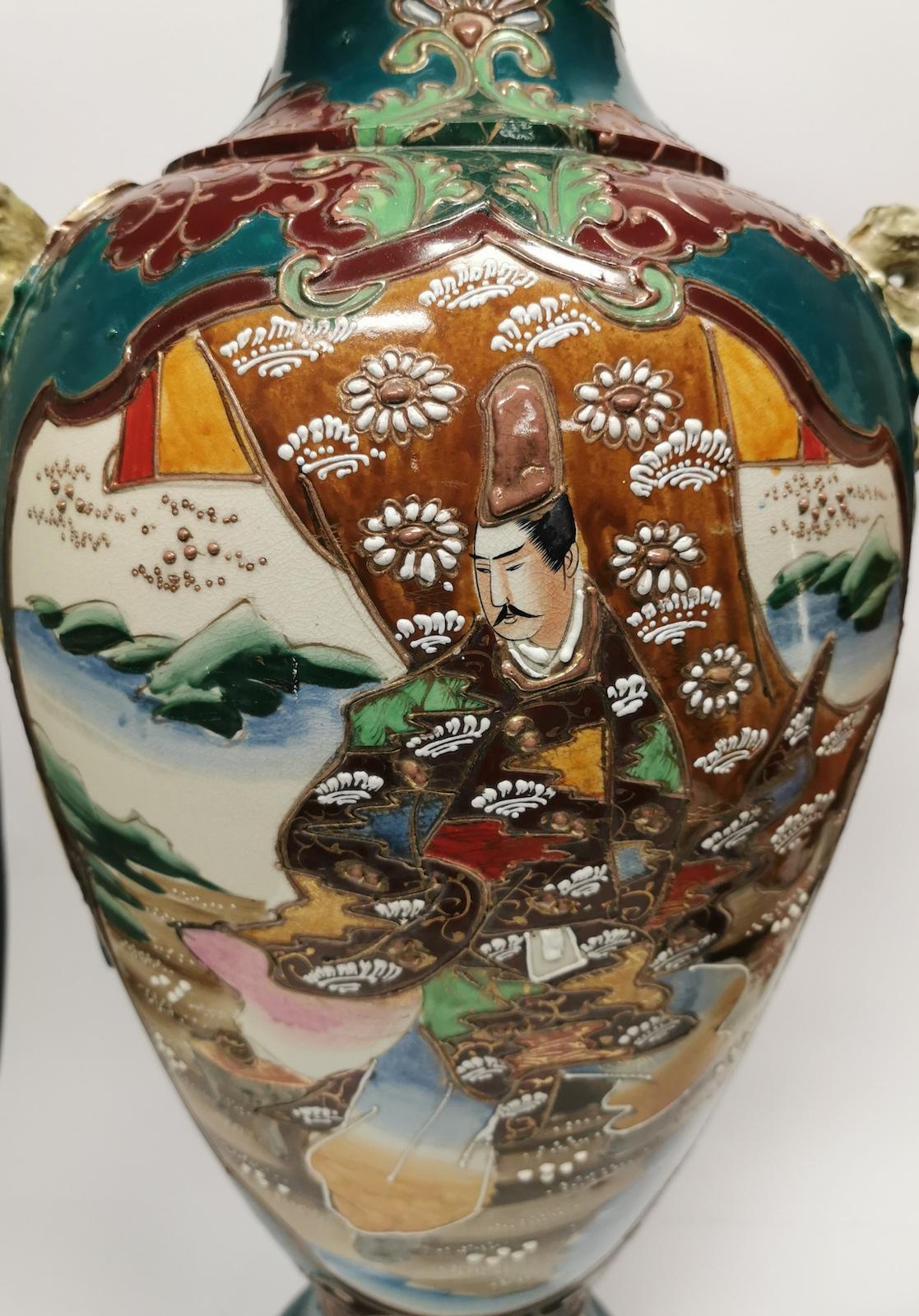 Chinese ceramic floor vase, hand painted, 
highly detailed Traditional Design of emperor and empress, 
vibrant original colour. 
No markings on the base.