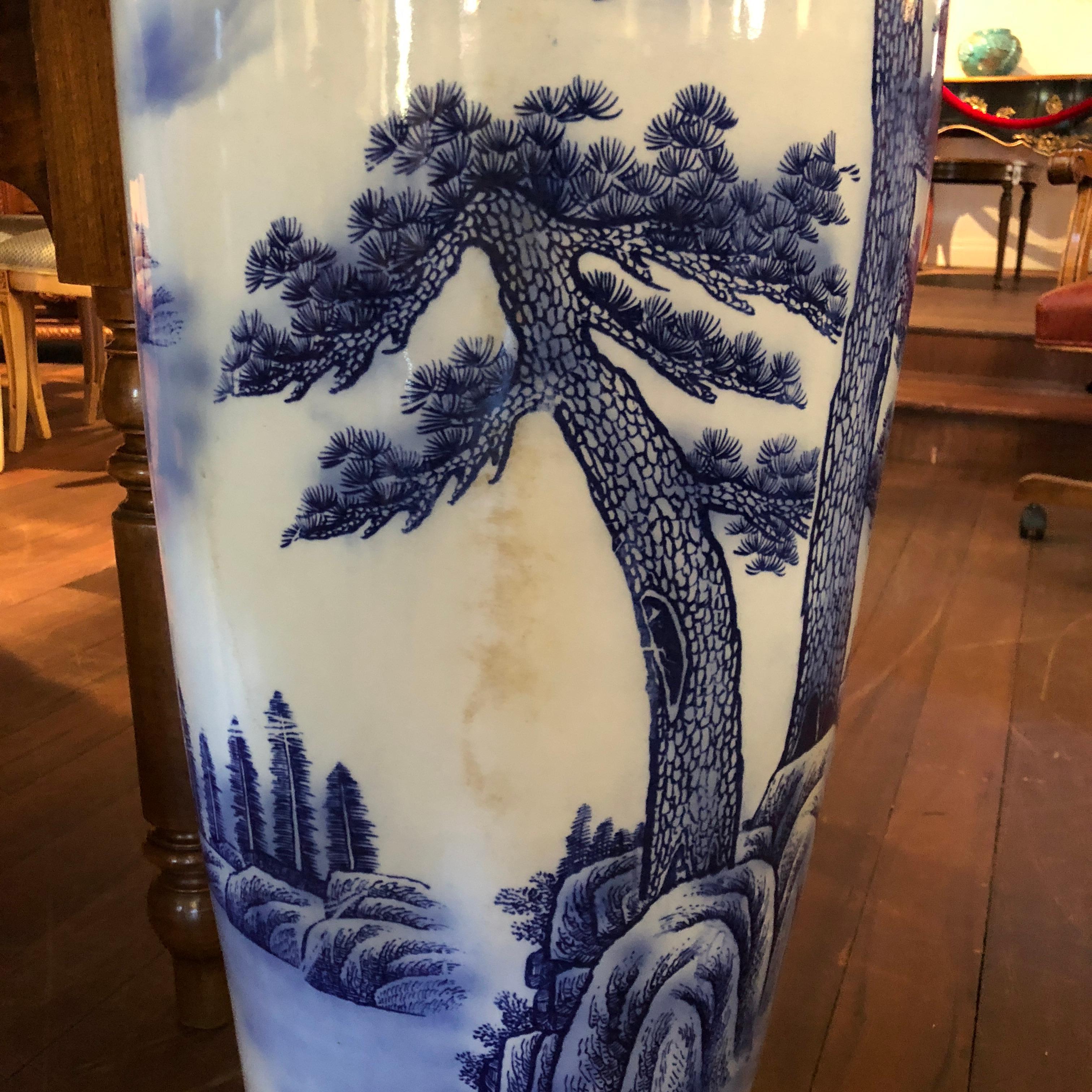 Ceramic Chinese Floor Vase, Traditional Blue and White Patterning For Sale