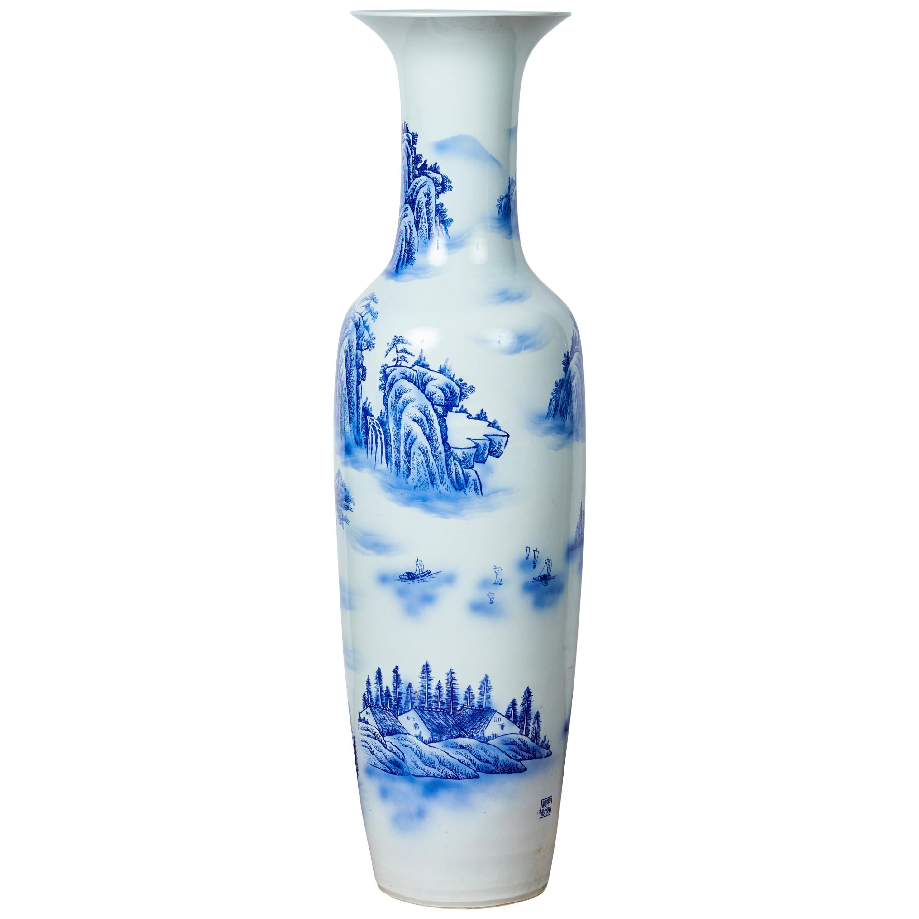 Chinese Floor Vase, Traditional Blue and White Patterning For Sale