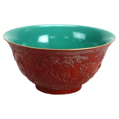 Chinese Floral Carved in Relief Pottery Bowl Signed 20th C
