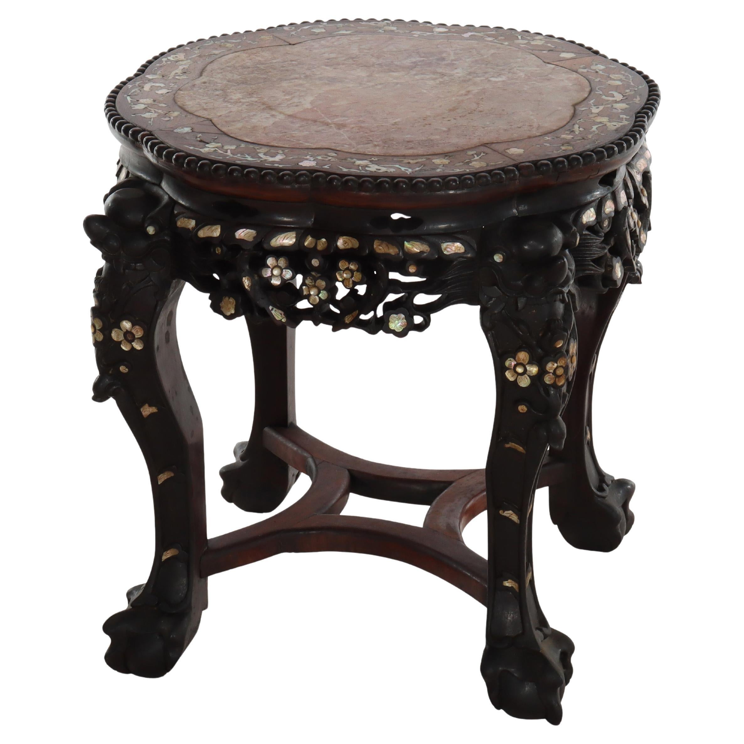 Chinese Floral Carved Rosewood Rouge Marble Top Stand With Mother of Pearl Inlay