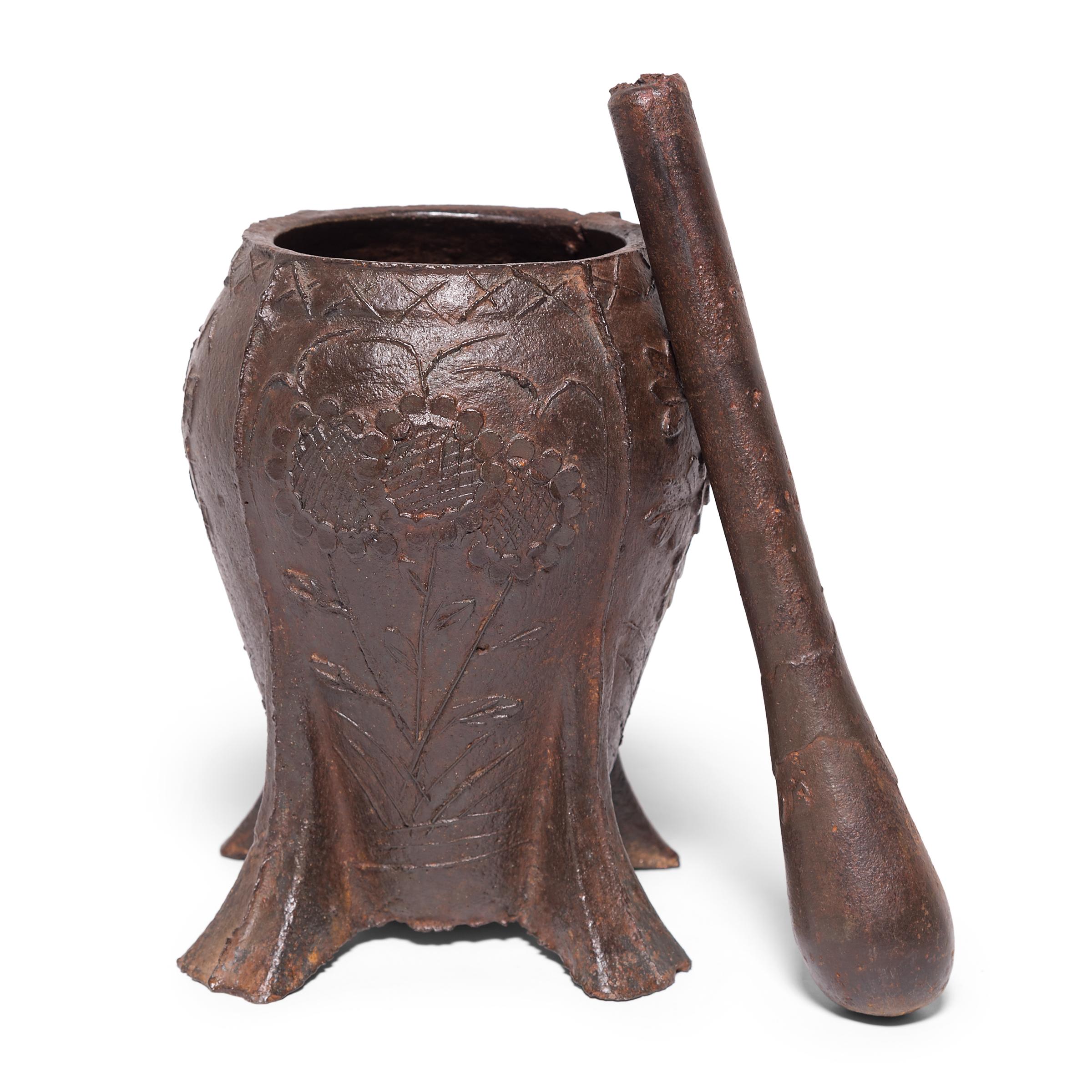 Chinese Floral Cast Iron Mortar In Good Condition For Sale In Chicago, IL