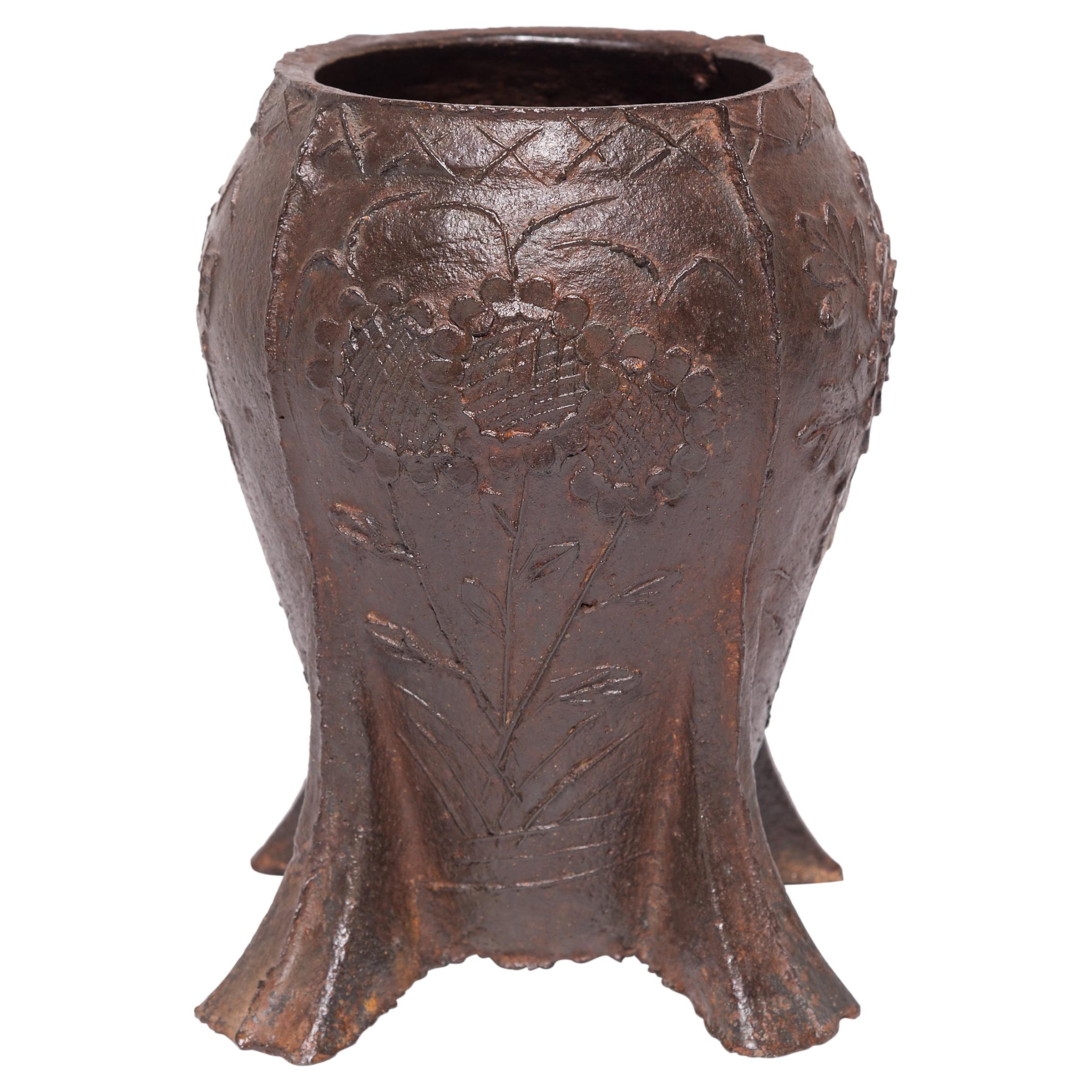 Chinese Floral Cast Iron Mortar