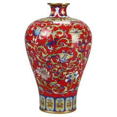 Chinese Floral Cloisonne Enameled Garden Scene Vase 20thC