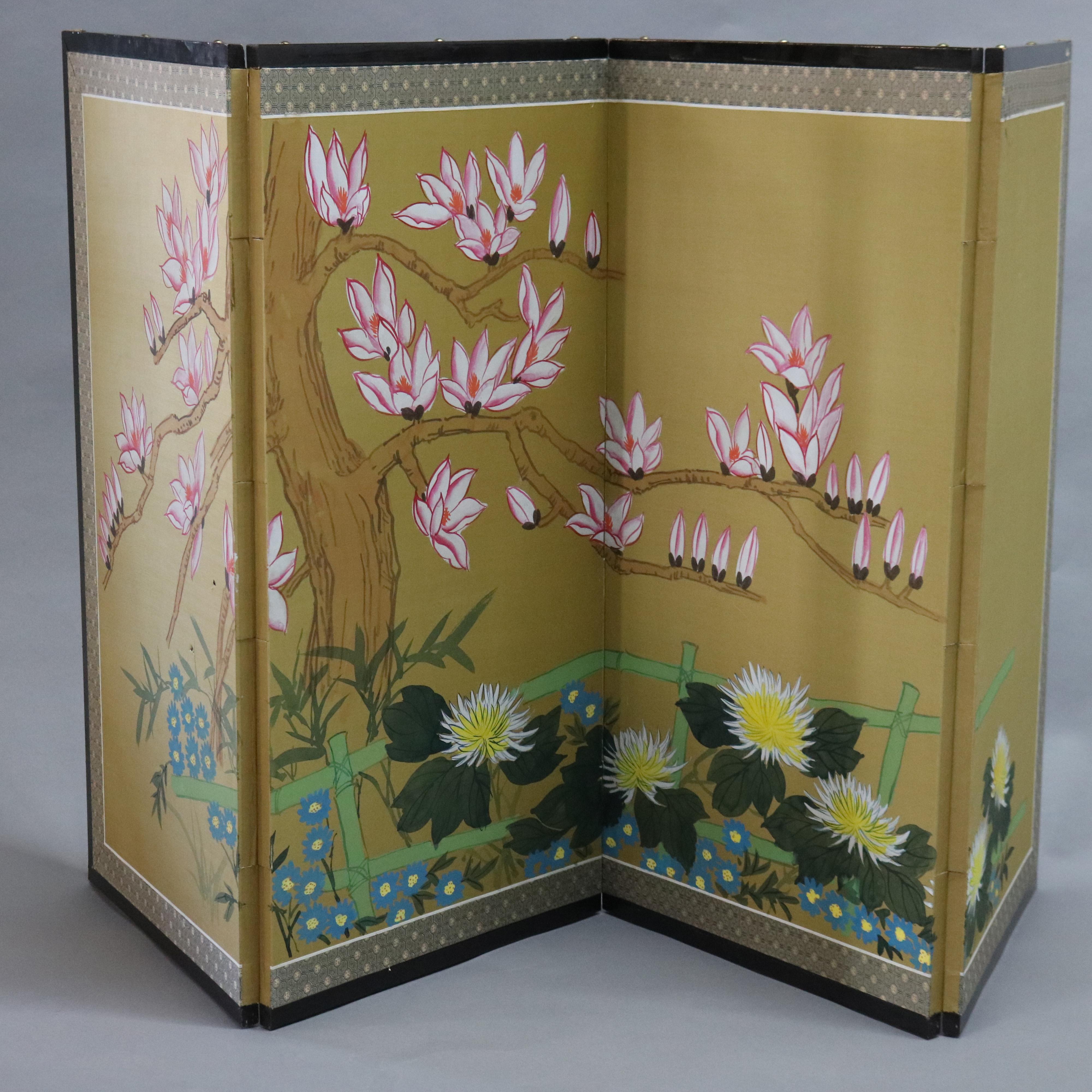 A Chinese Floral Decorated and Ebonized Table Screen 20th C

Measures - 35.25''H x 69.5''W x .75''D; panels each 35.25''H x 17.5''W x .75''.

Catalogue Note: Ask about DISCOUNTED DELIVERY RATES available to most regions within 1,500 miles of New