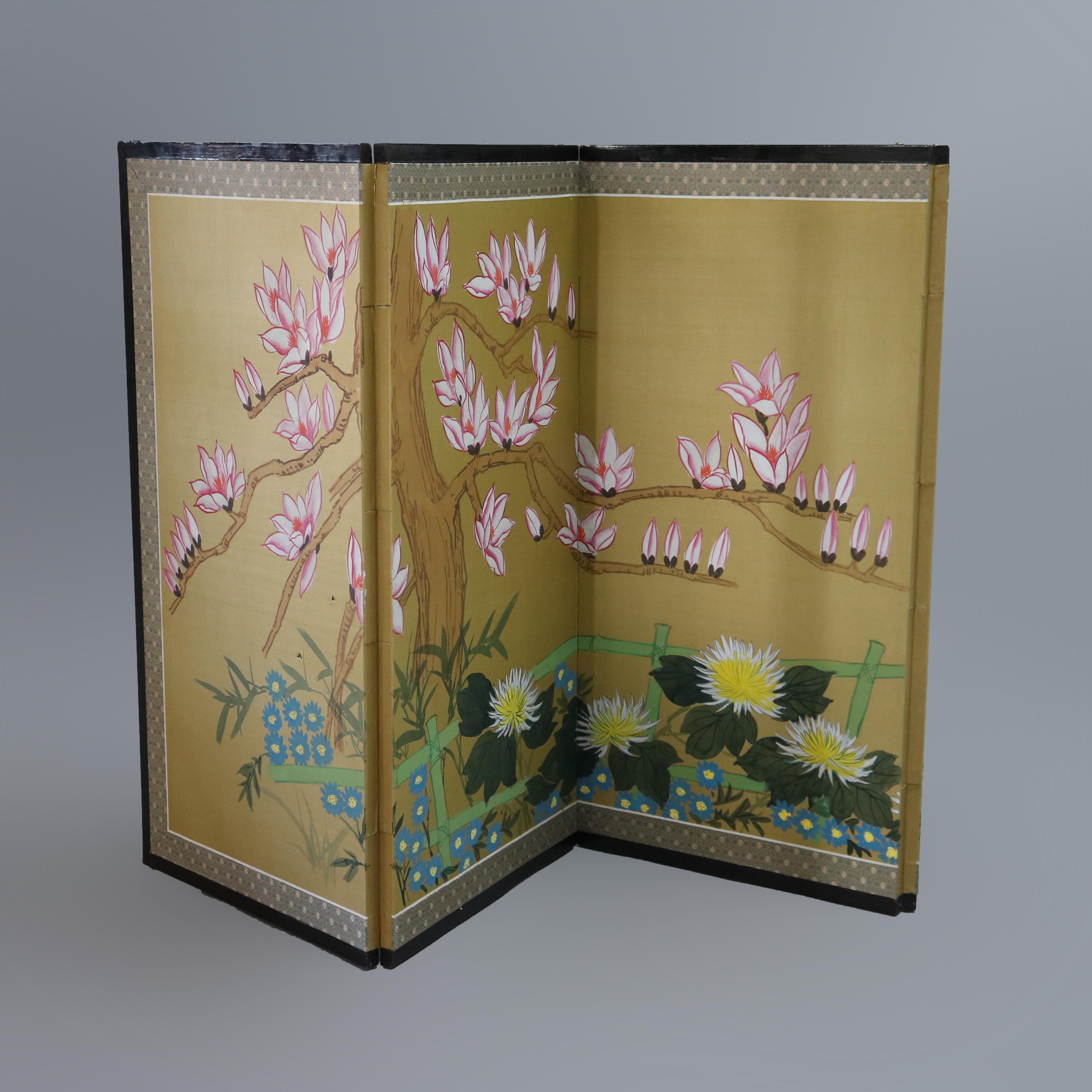Chinese Floral Decorated and Ebonized Folding Table Screen 20th C In Good Condition For Sale In Big Flats, NY