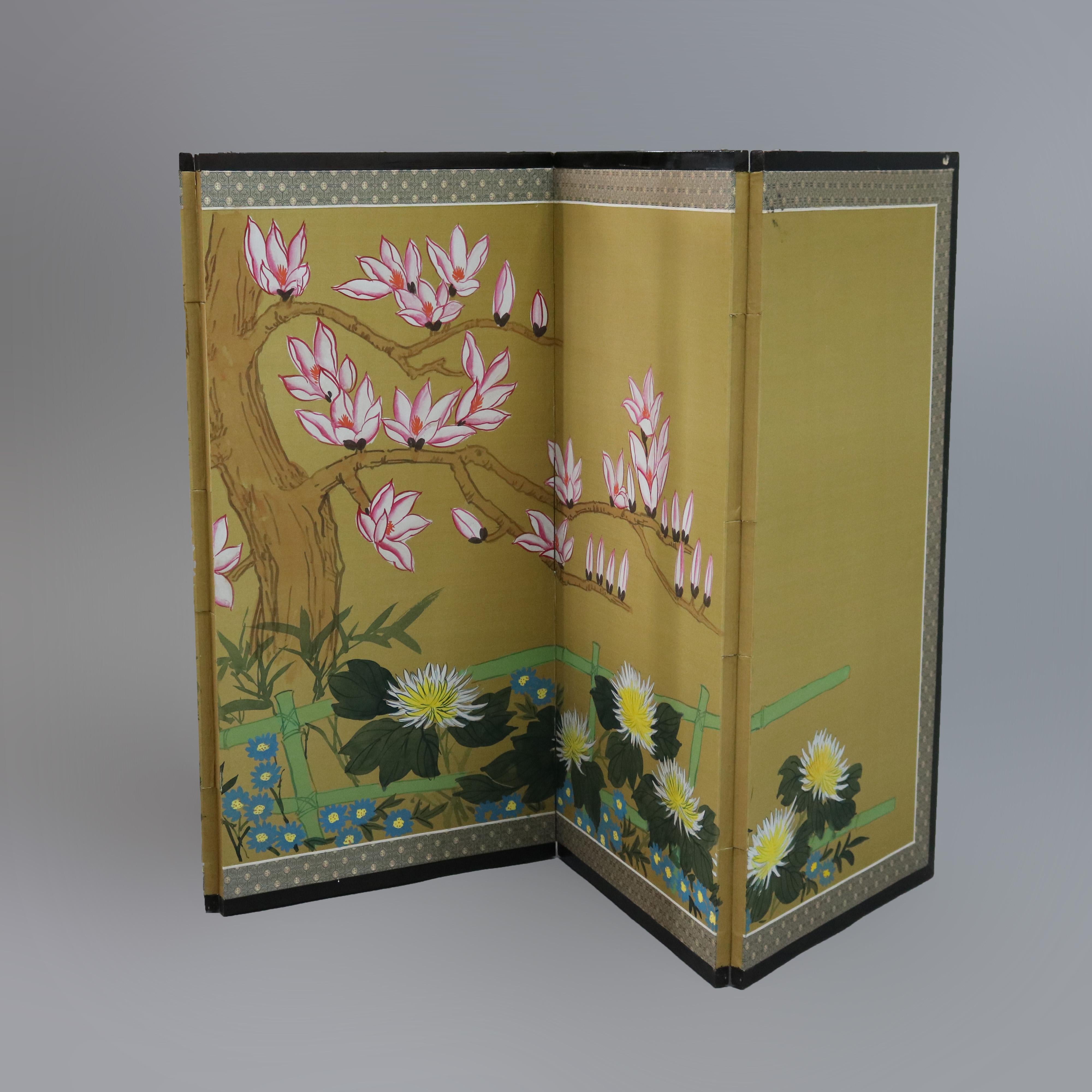 20th Century Chinese Floral Decorated and Ebonized Folding Table Screen 20th C For Sale
