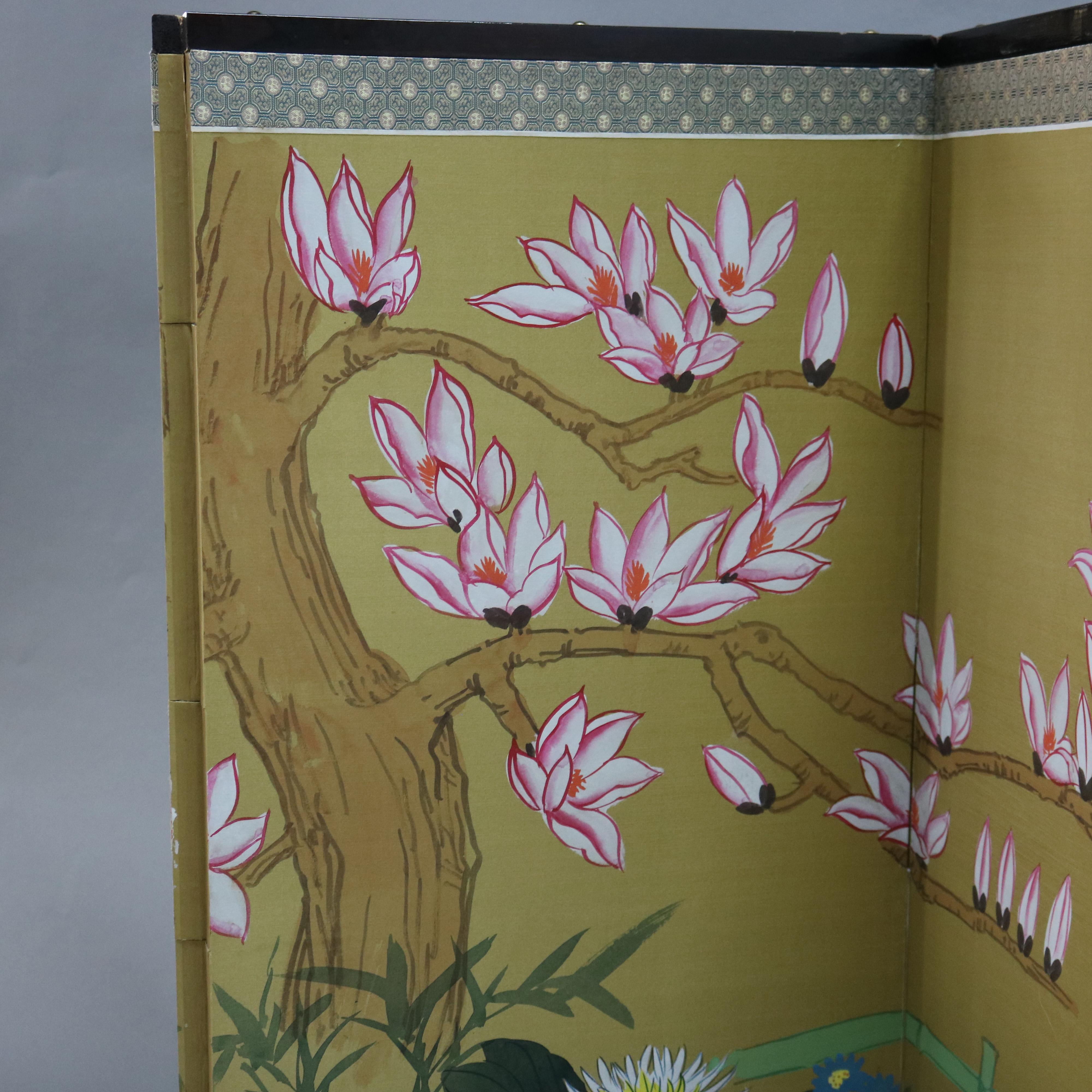 Chinese Floral Decorated and Ebonized Folding Table Screen 20th C For Sale 1