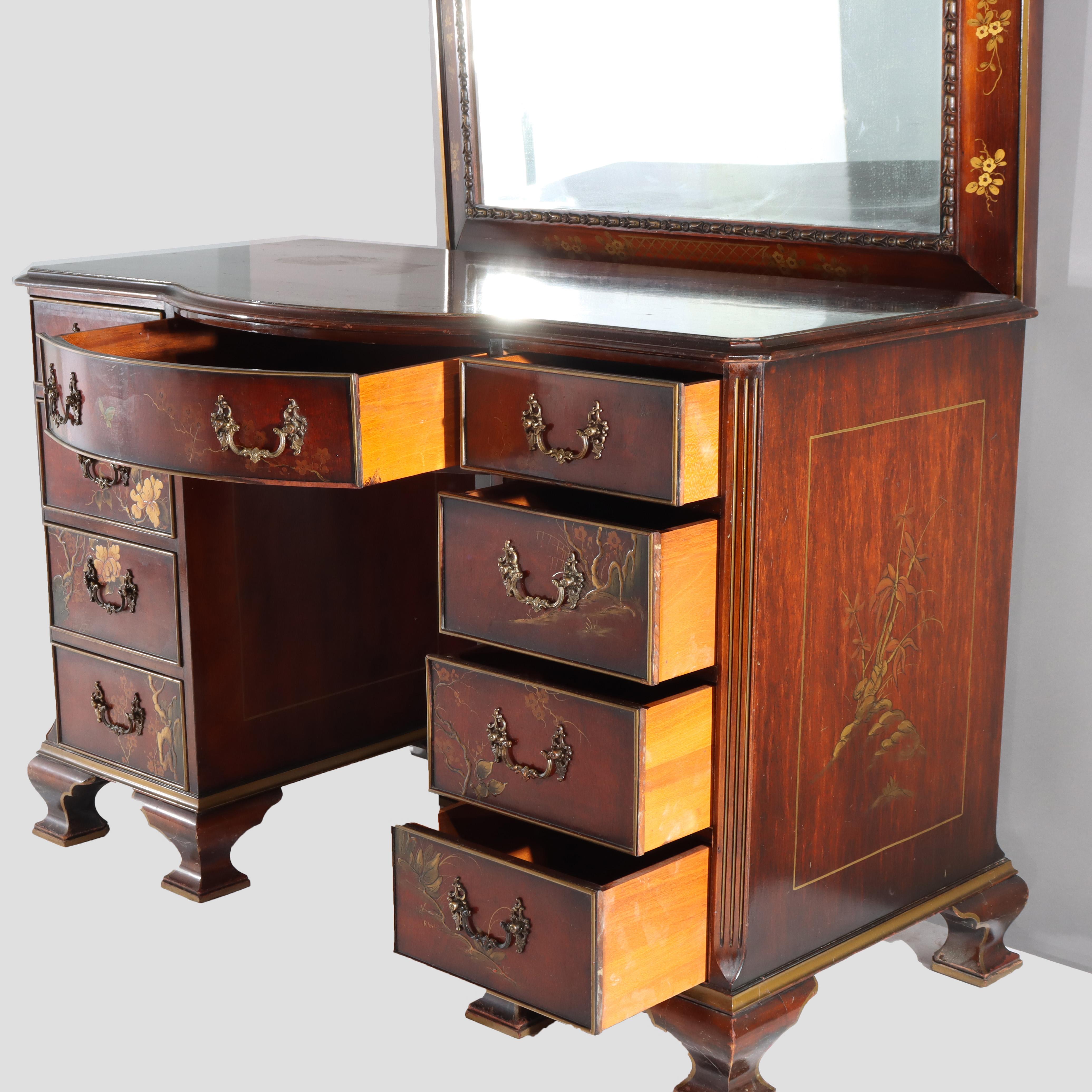 Chinese Floral Decorated Chippendale Mahogany Dressing Table & Mirror c1920 For Sale 6