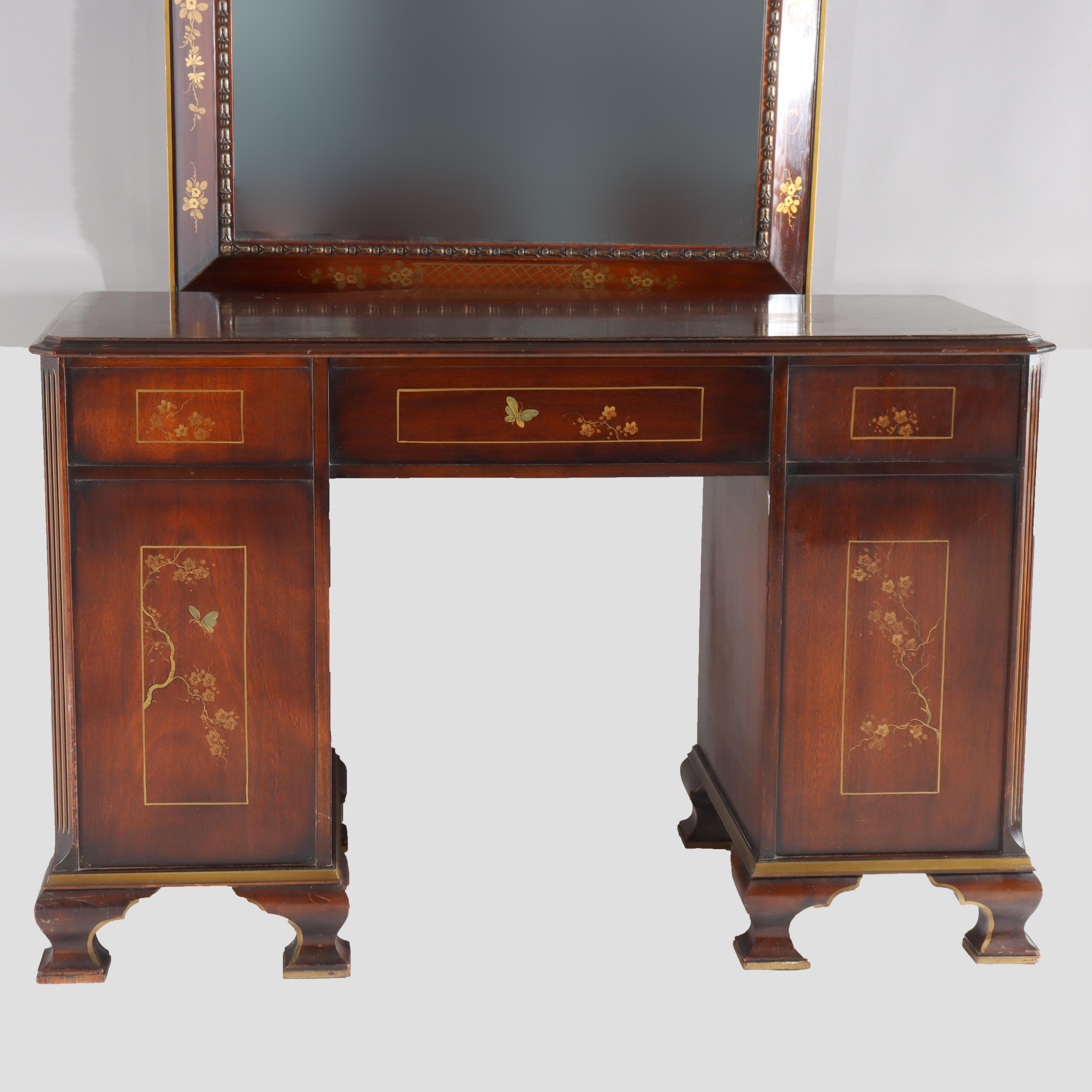 Chinese Floral Decorated Chippendale Mahogany Dressing Table & Mirror c1920 For Sale 7