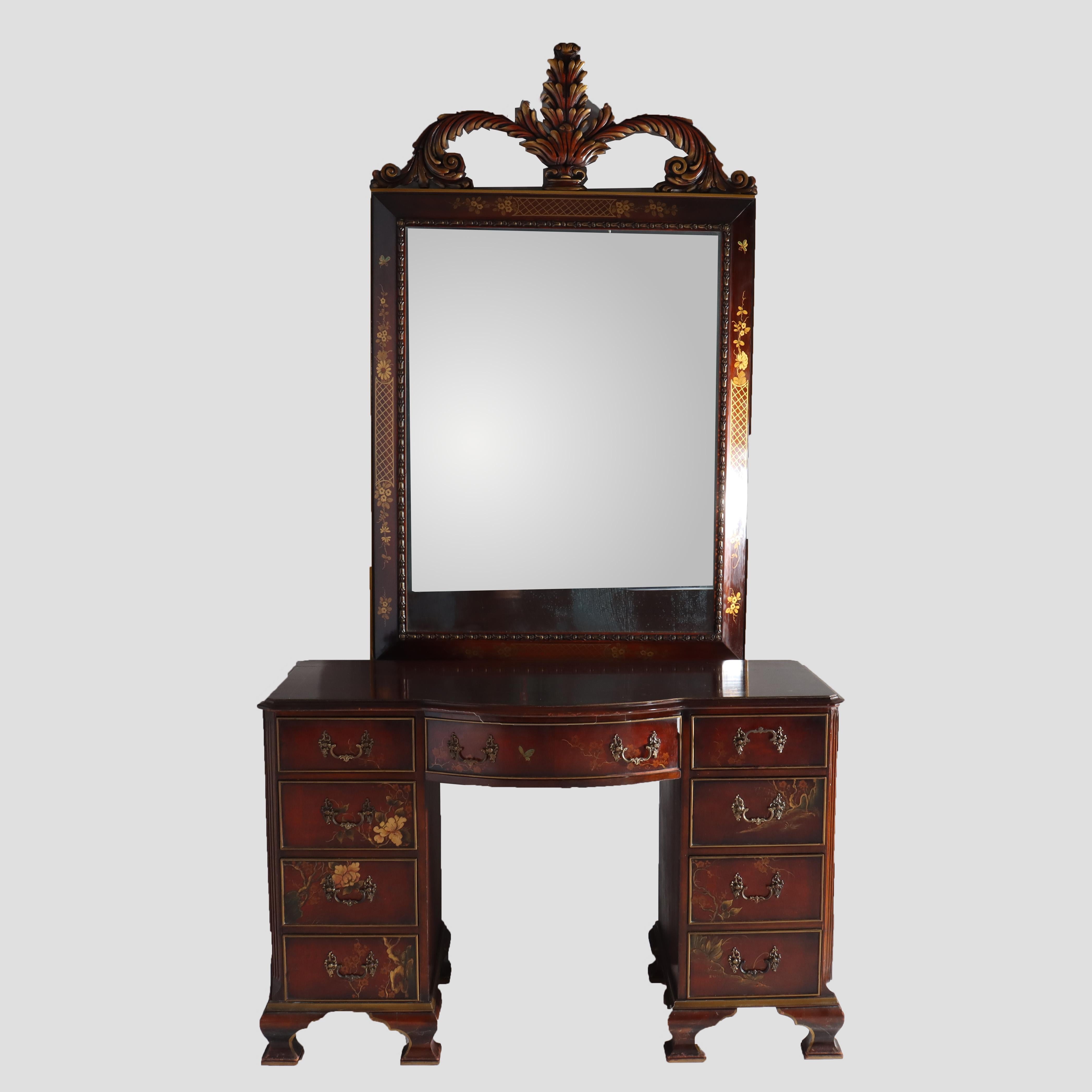 ***Reduced In-House Delivery Rates - Click on “Ask Seller” to Request a Quote***
Chinese Floral Decorated Chippendale Mahogany Dressing Table & Mirror c1920.   
Vanity - 30.5