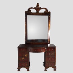 Chinese Floral Decorated Chippendale Mahogany Dressing Table & Mirror c1920