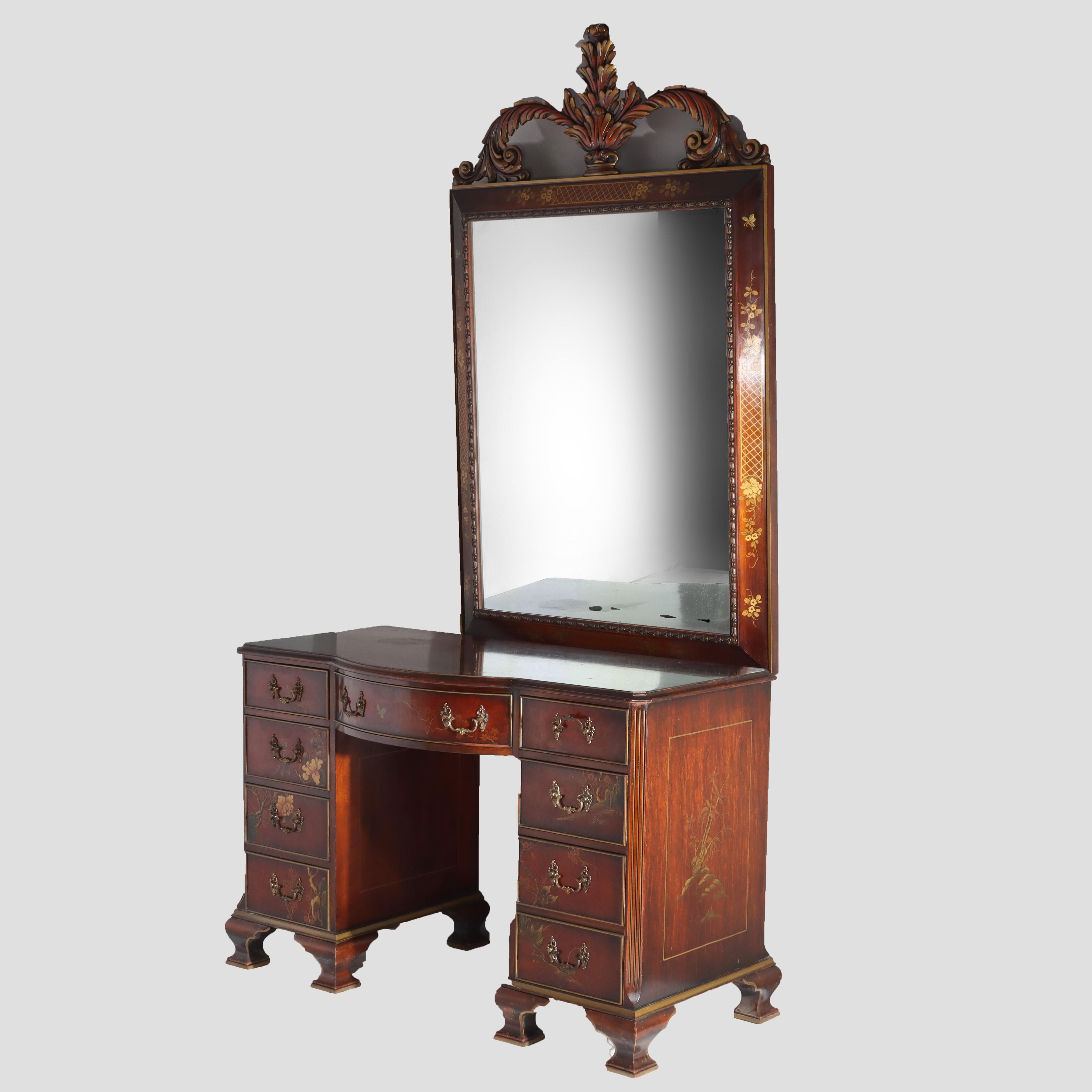 Chinese Floral Decorated Chippendale Mahogany Dressing Table & Mirror c1920 In Good Condition For Sale In Big Flats, NY