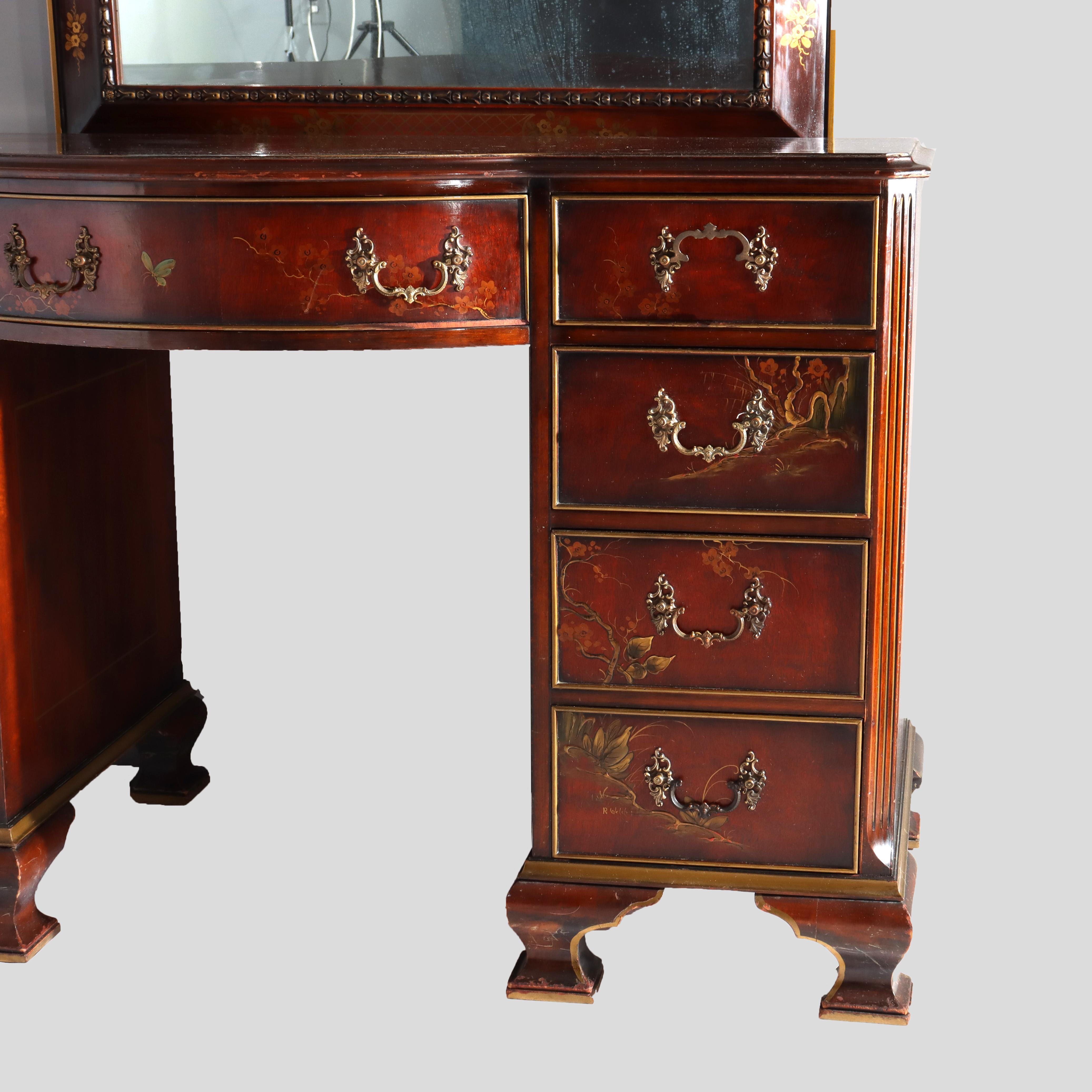 Chinese Floral Decorated Chippendale Mahogany Dressing Table & Mirror c1920 For Sale 1
