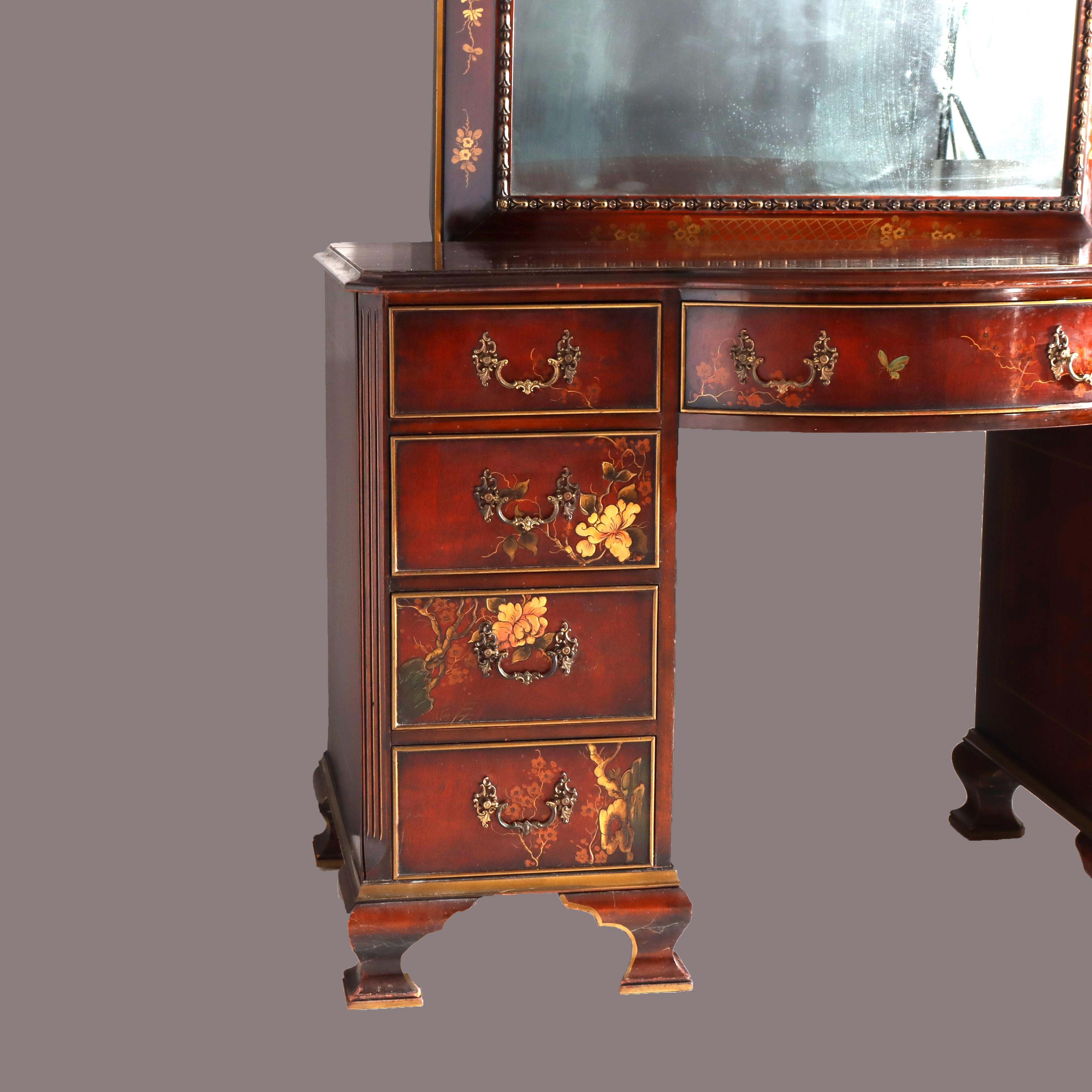 Chinese Floral Decorated Chippendale Mahogany Dressing Table & Mirror c1920 For Sale 2