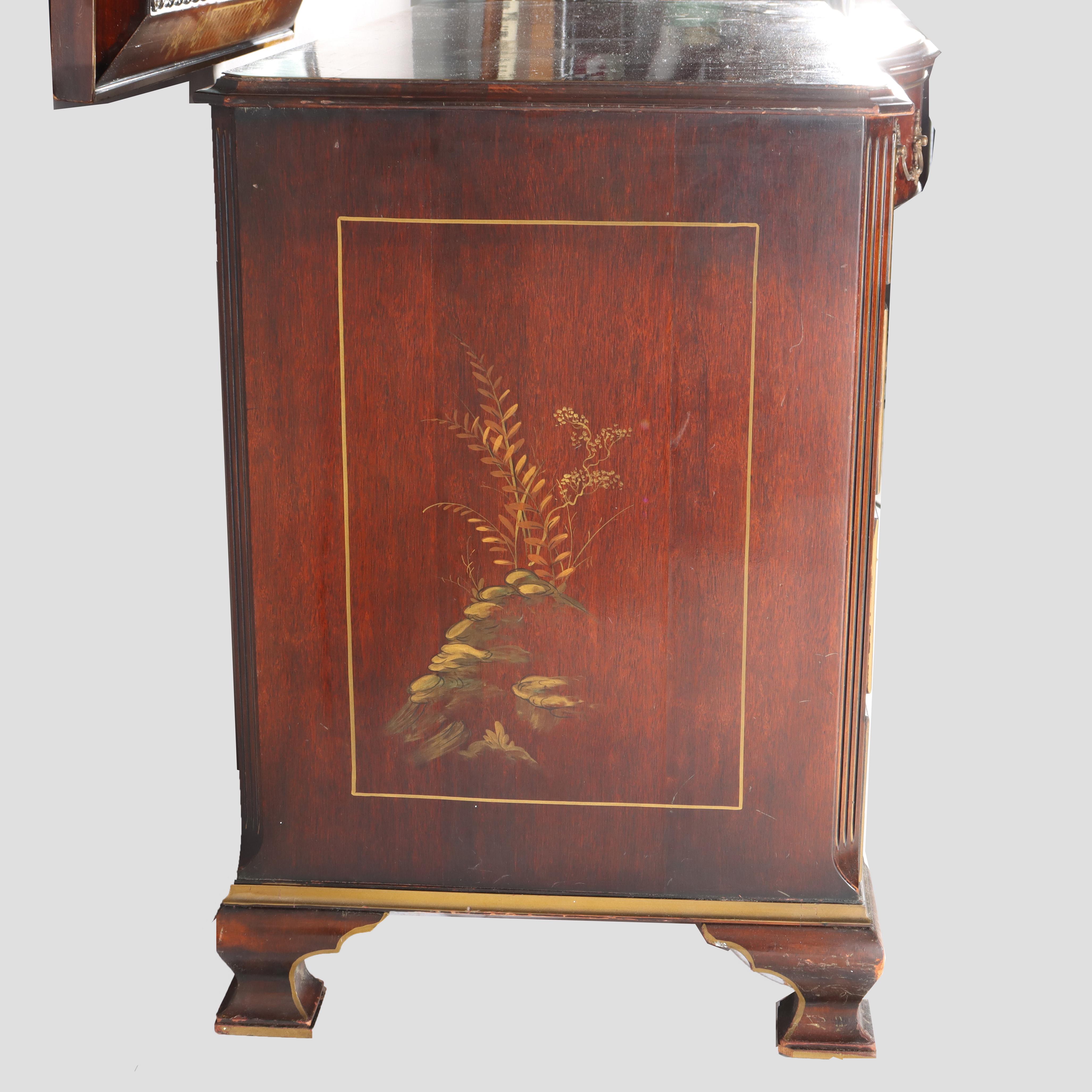 Chinese Floral Decorated Chippendale Mahogany Dressing Table & Mirror c1920 For Sale 4