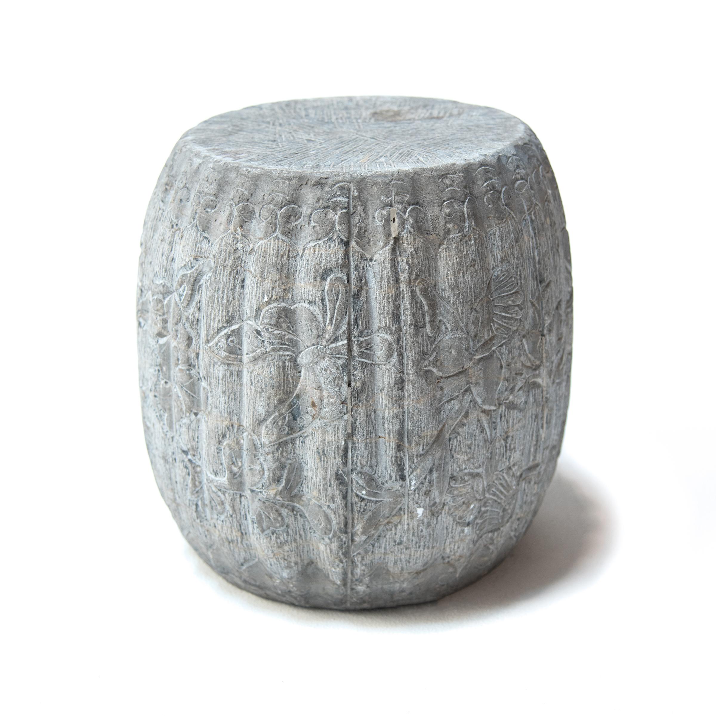 Qing Chinese Floral Melon Shape Limestone Drum, c. 1900 For Sale