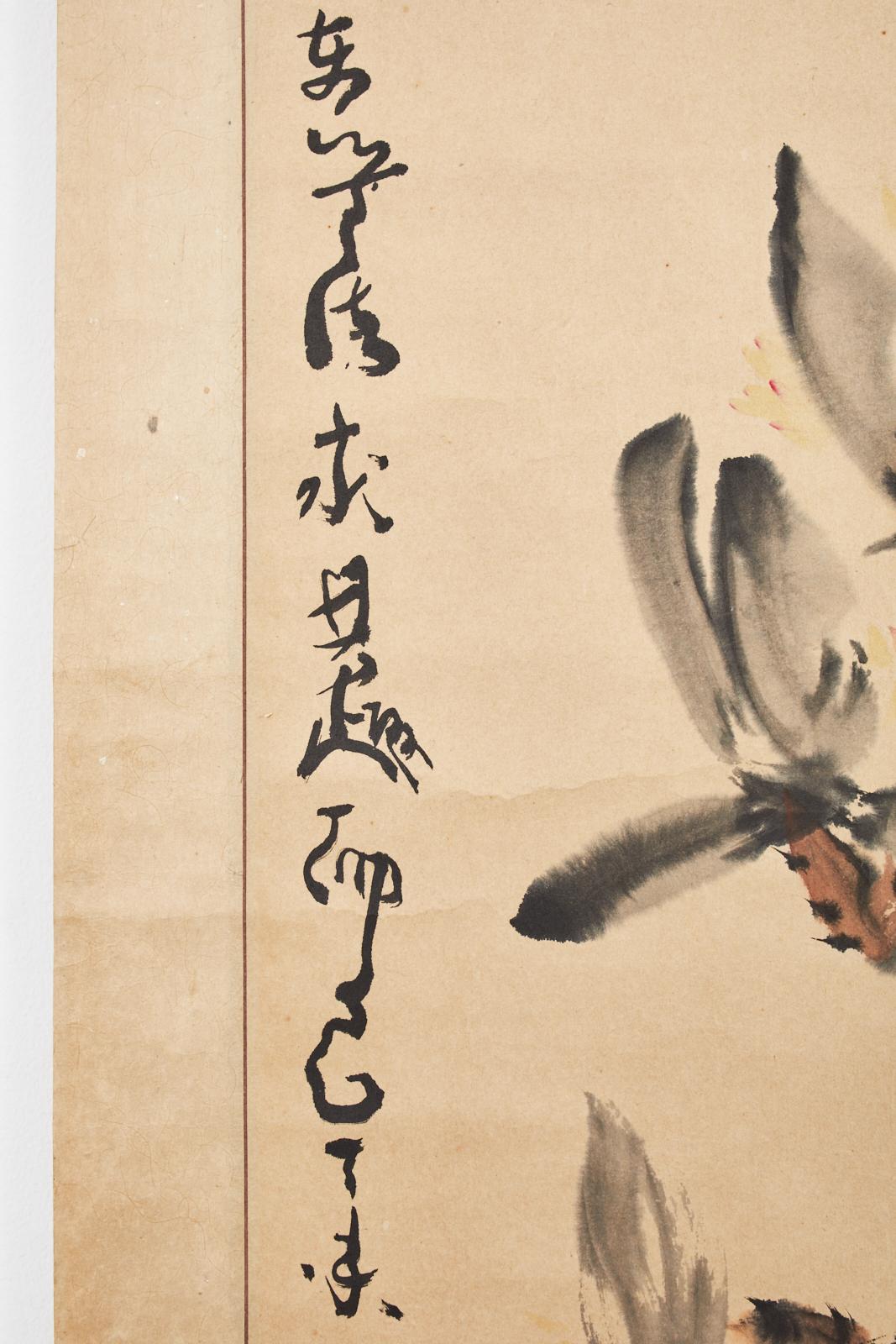 Chinesische Schriftrolle mit Blumenmalerei, signiert und datiert im Angebot 4